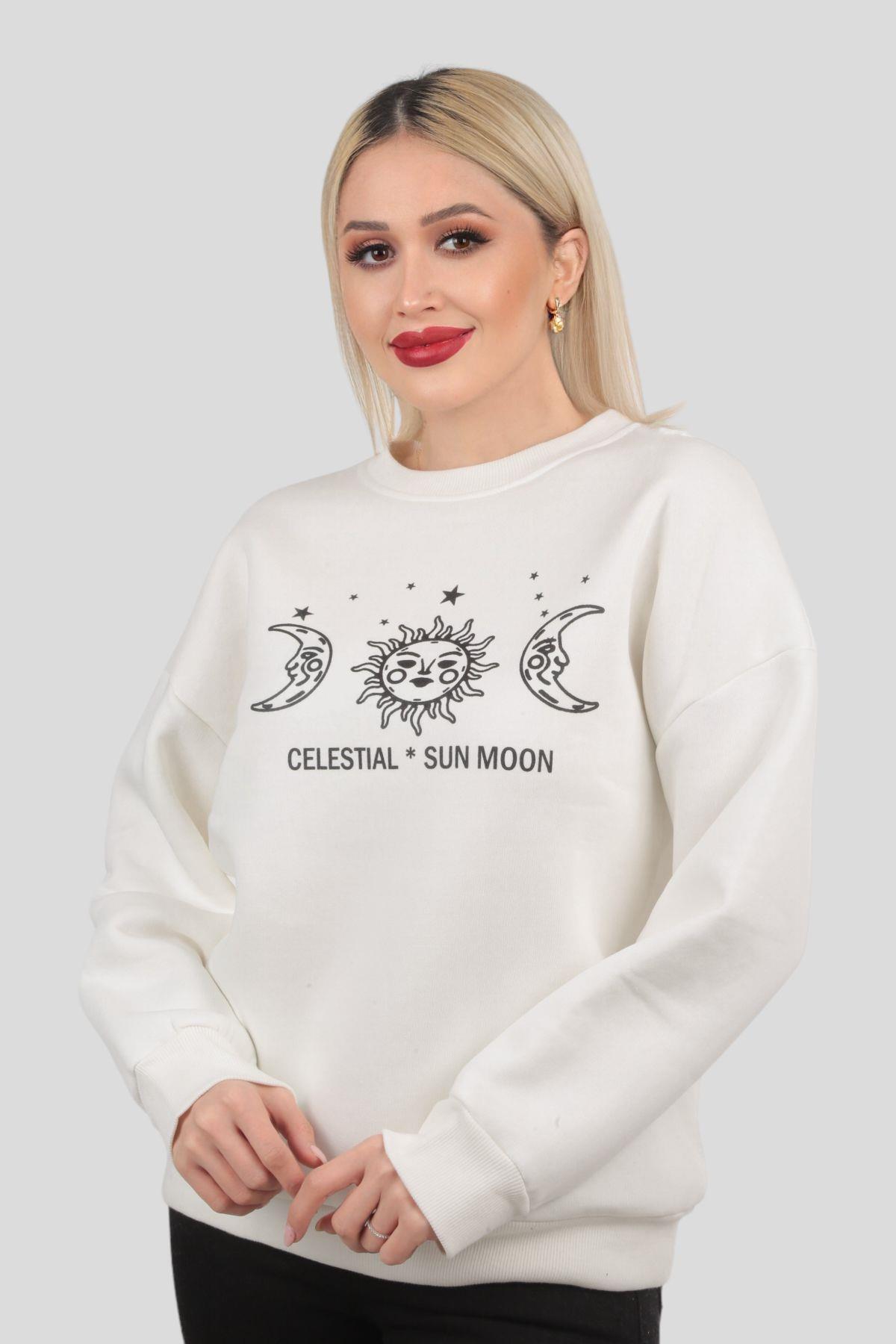 Ekru Sun Moon Baskı Sweat 9016M 