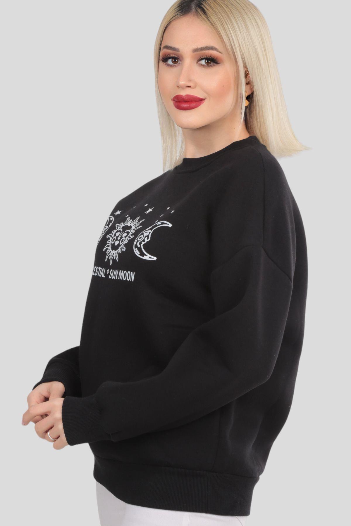 Siyah Sun Moon Baskı Sweat 9016M - 2