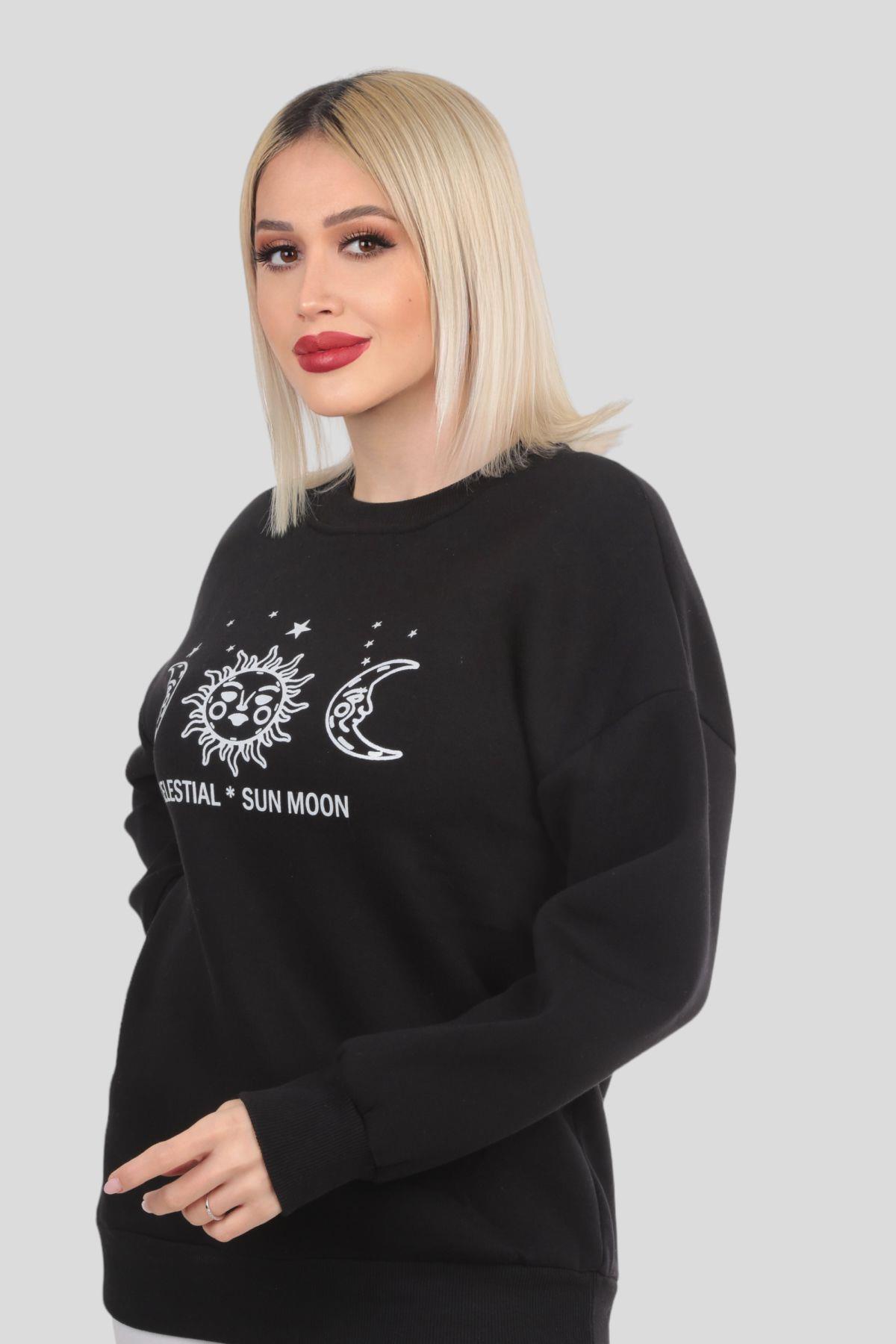 Siyah Sun Moon Baskı Sweat 9016M - 4
