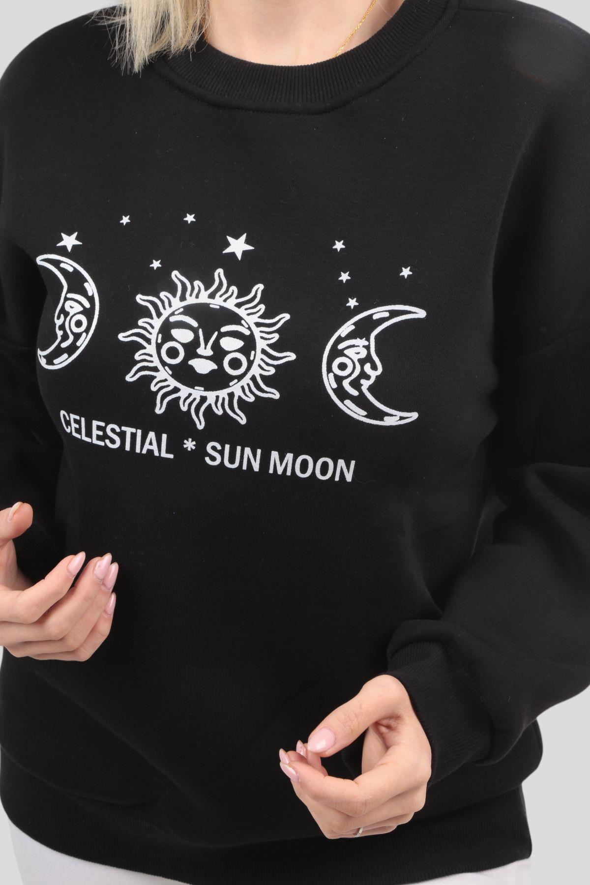 Siyah Sun Moon Baskı Sweat 9016M - 5