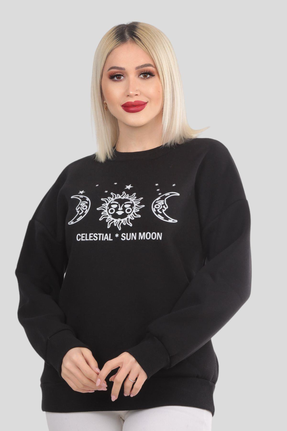 Siyah Sun Moon Baskı Sweat 9016M 