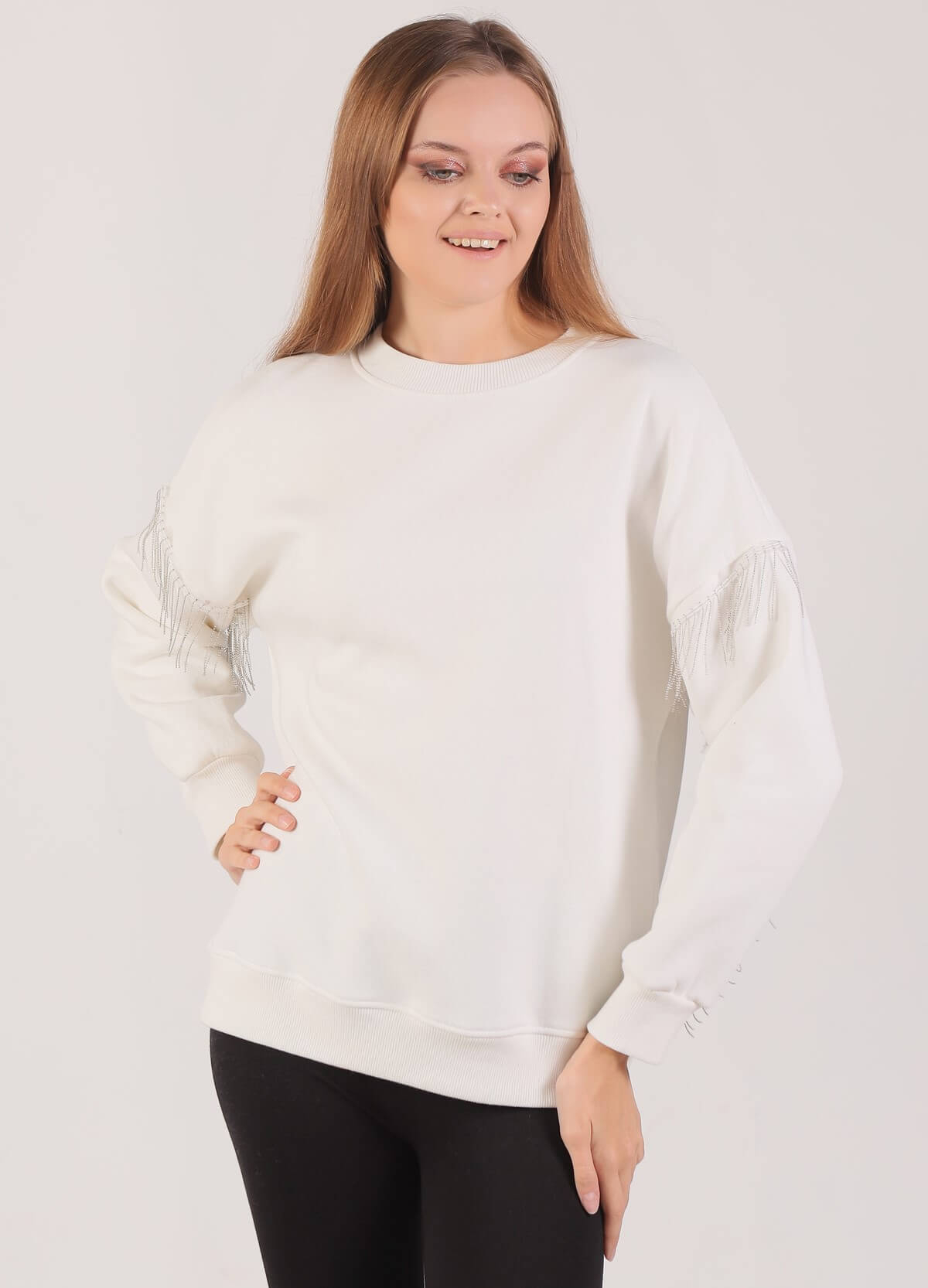 9017M Zincir Detay Sweat Ekru - 1