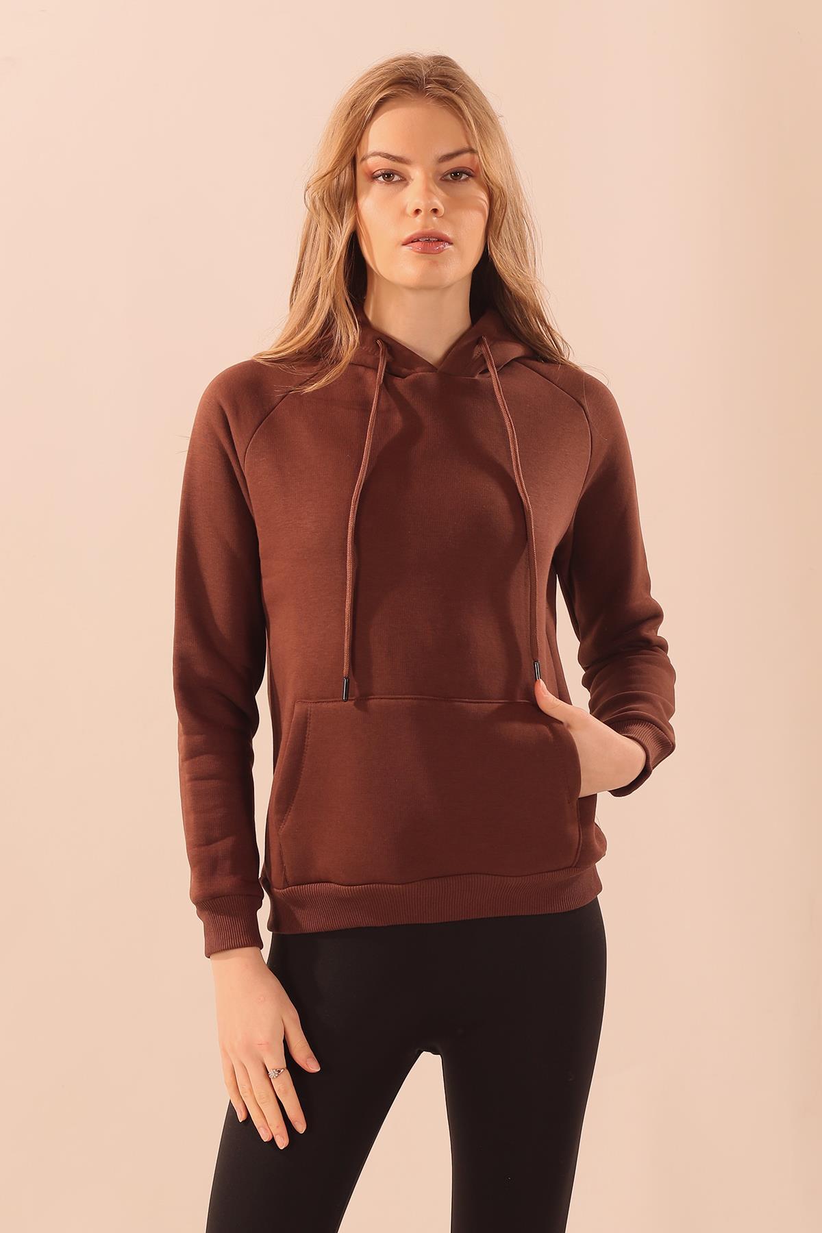 9018M Kapüşonlu Cep Detay Sweat Acı Kahve - 1