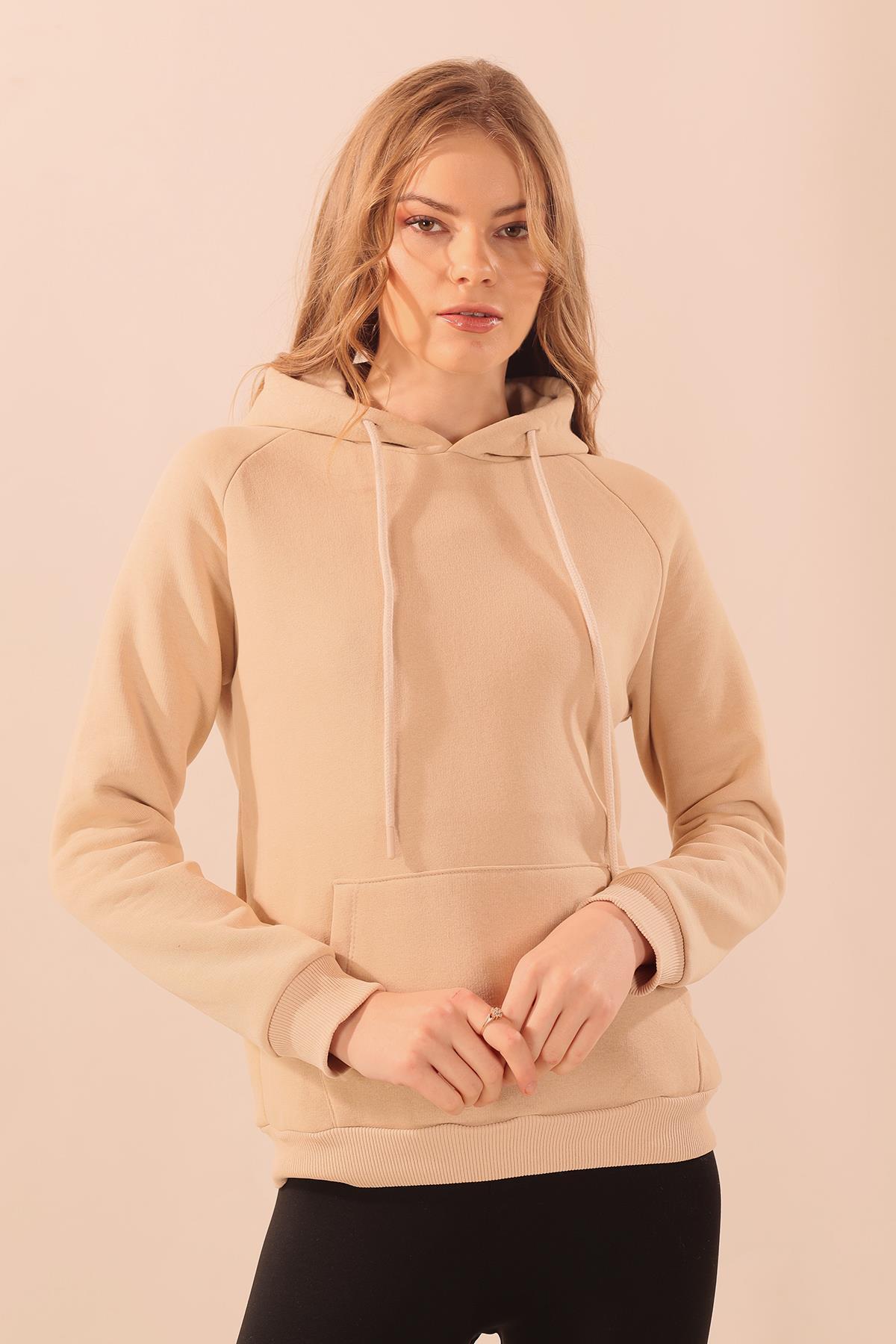 9018M Kapüşonlu Cep Detay Sweat Bej 