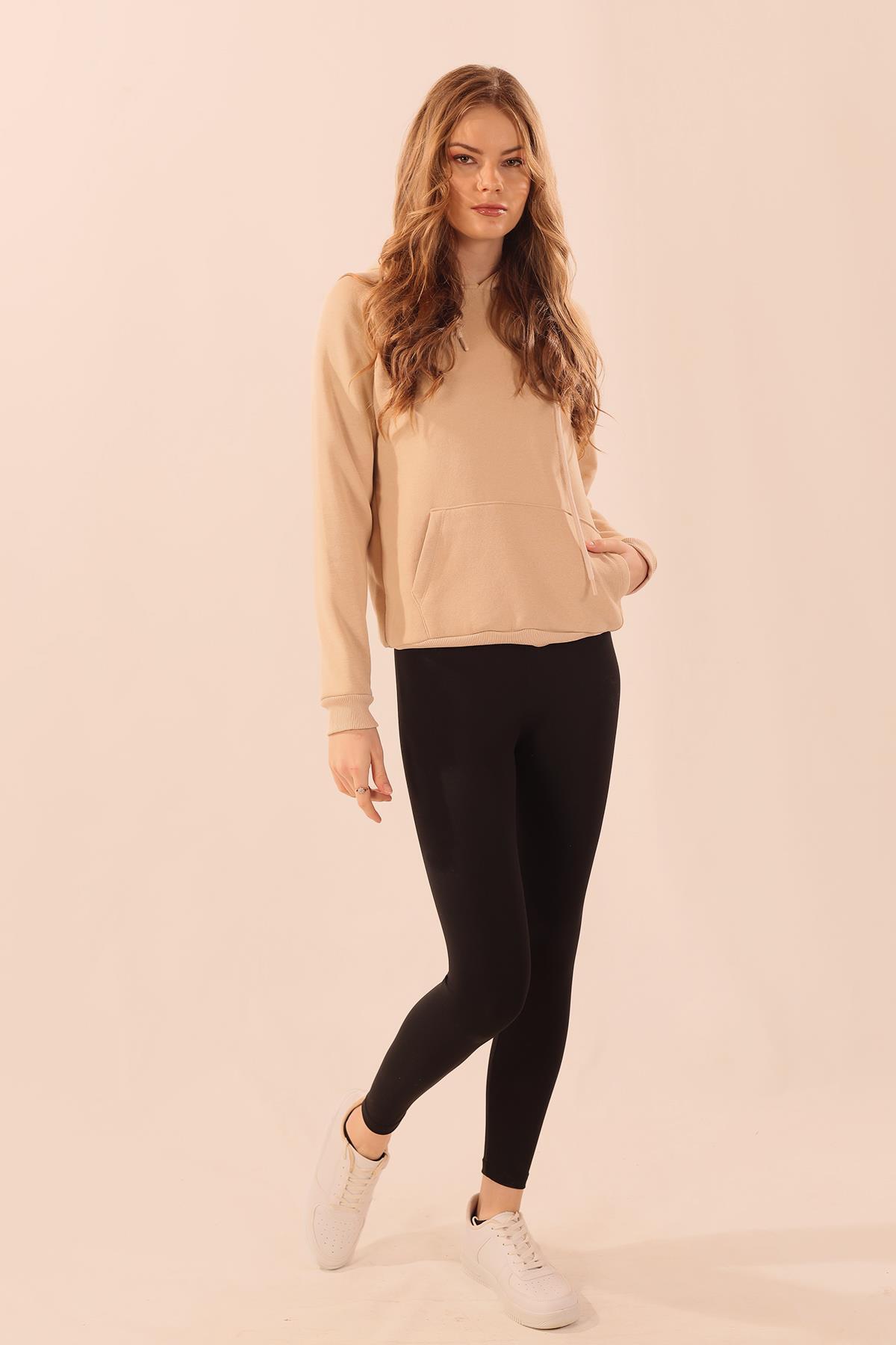 9018M Kapüşonlu Cep Detay Sweat Bej - 3