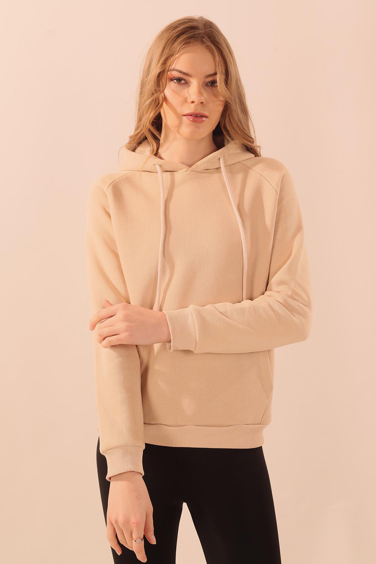 9018M Kapüşonlu Cep Detay Sweat Bej - 6