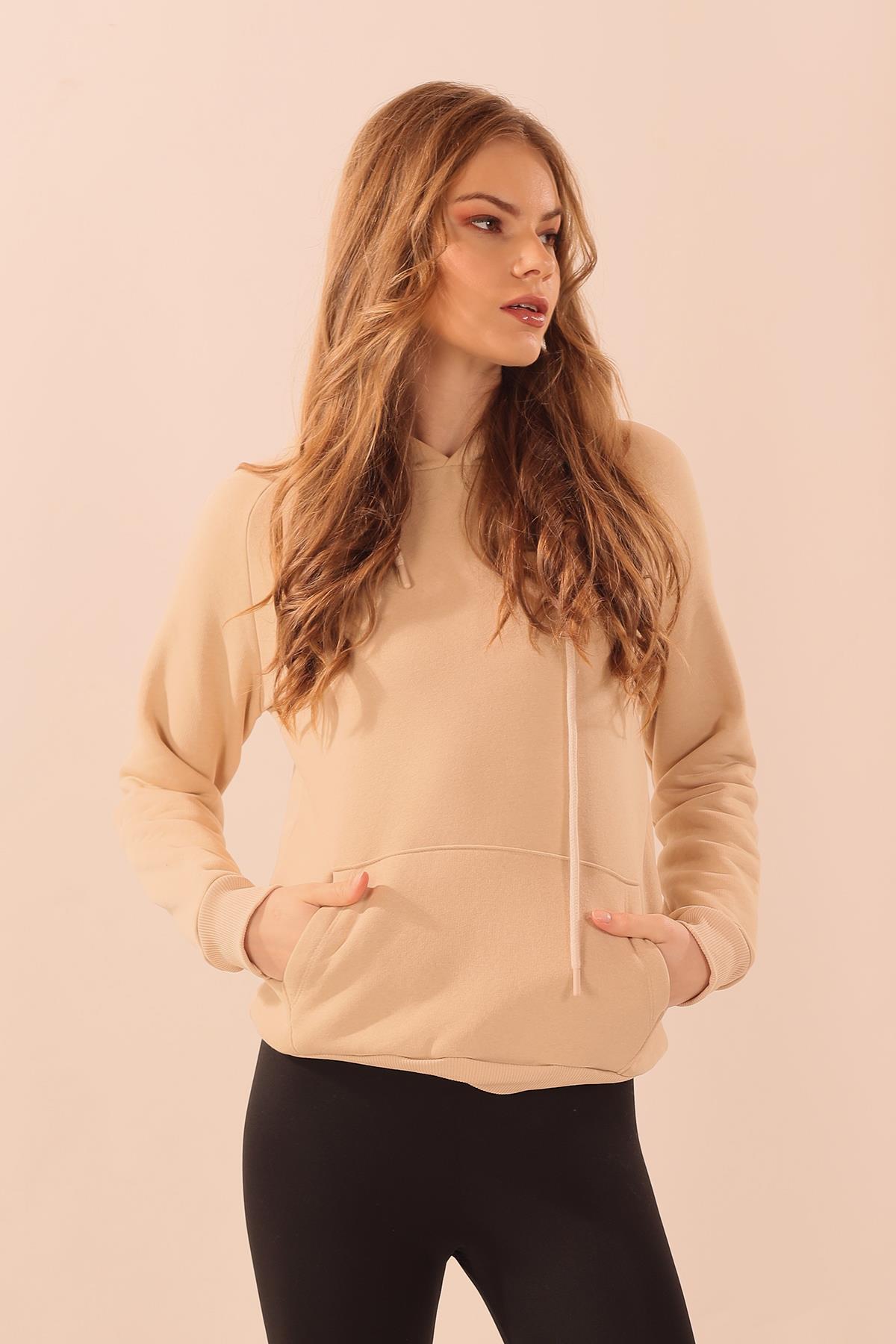 Bej Kapüşonlu Cep Detay Sweat 9018M - 2