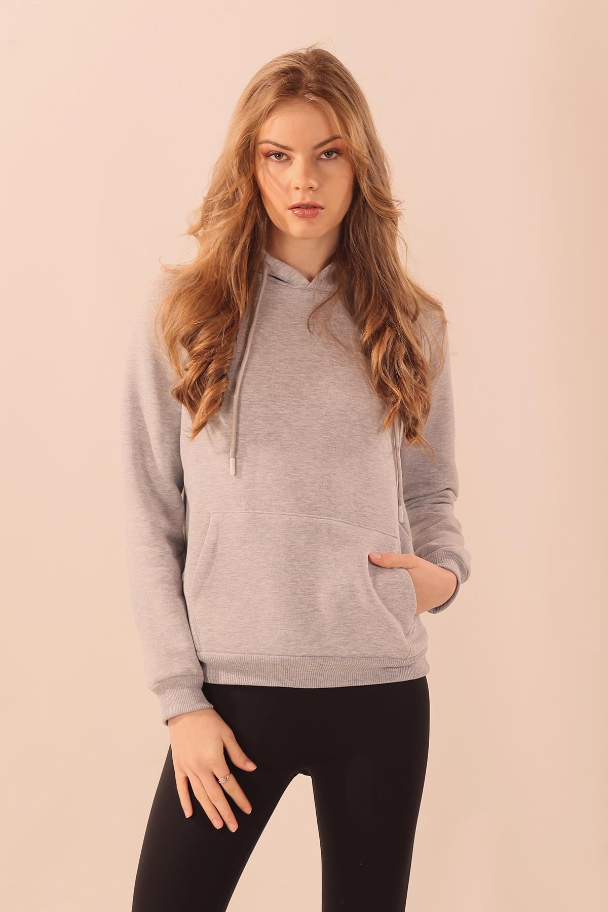 9018M Kapüşonlu Cep Detay Sweat Gri 