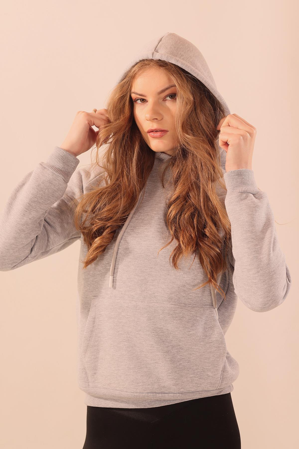 9018M Kapüşonlu Cep Detay Sweat Gri - 5