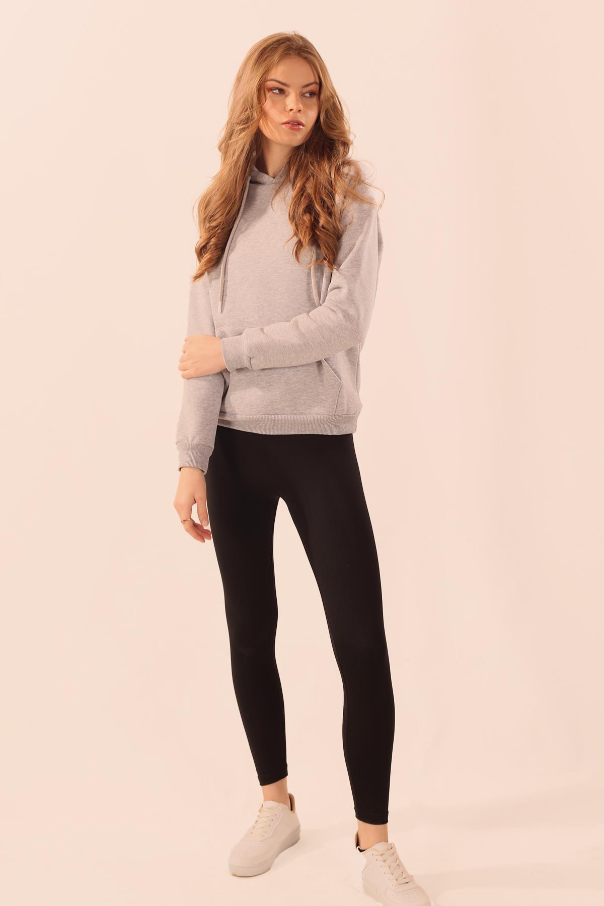 Gri Kapüşonlu Cep Detay Sweat 9018M - 4