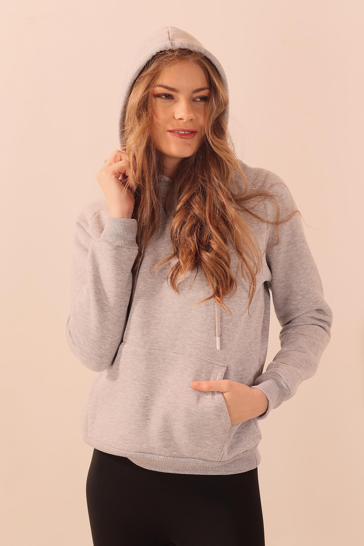 Gri Kapüşonlu Cep Detay Sweat 9018M - 6