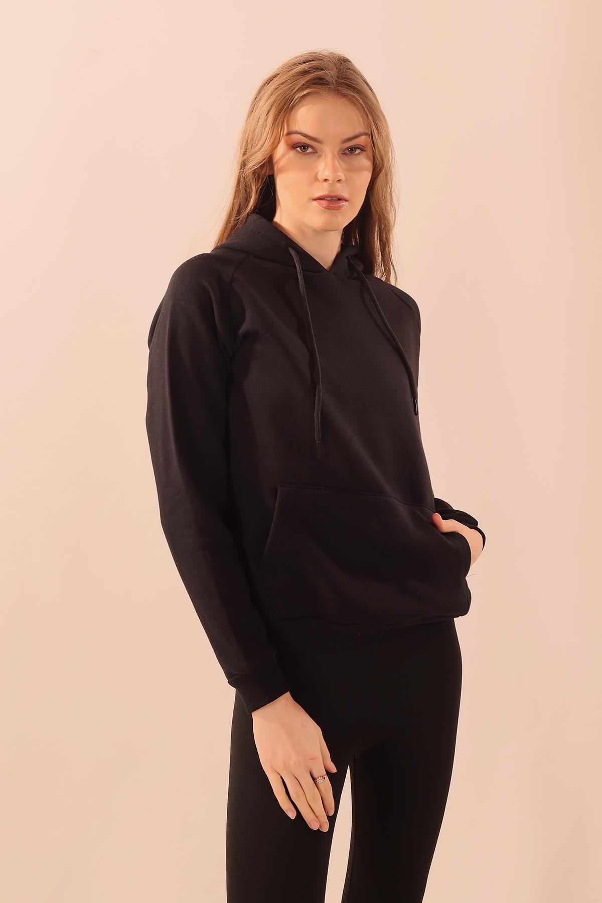 9018M Kapüşonlu Cep Detay Sweat Siyah - 2