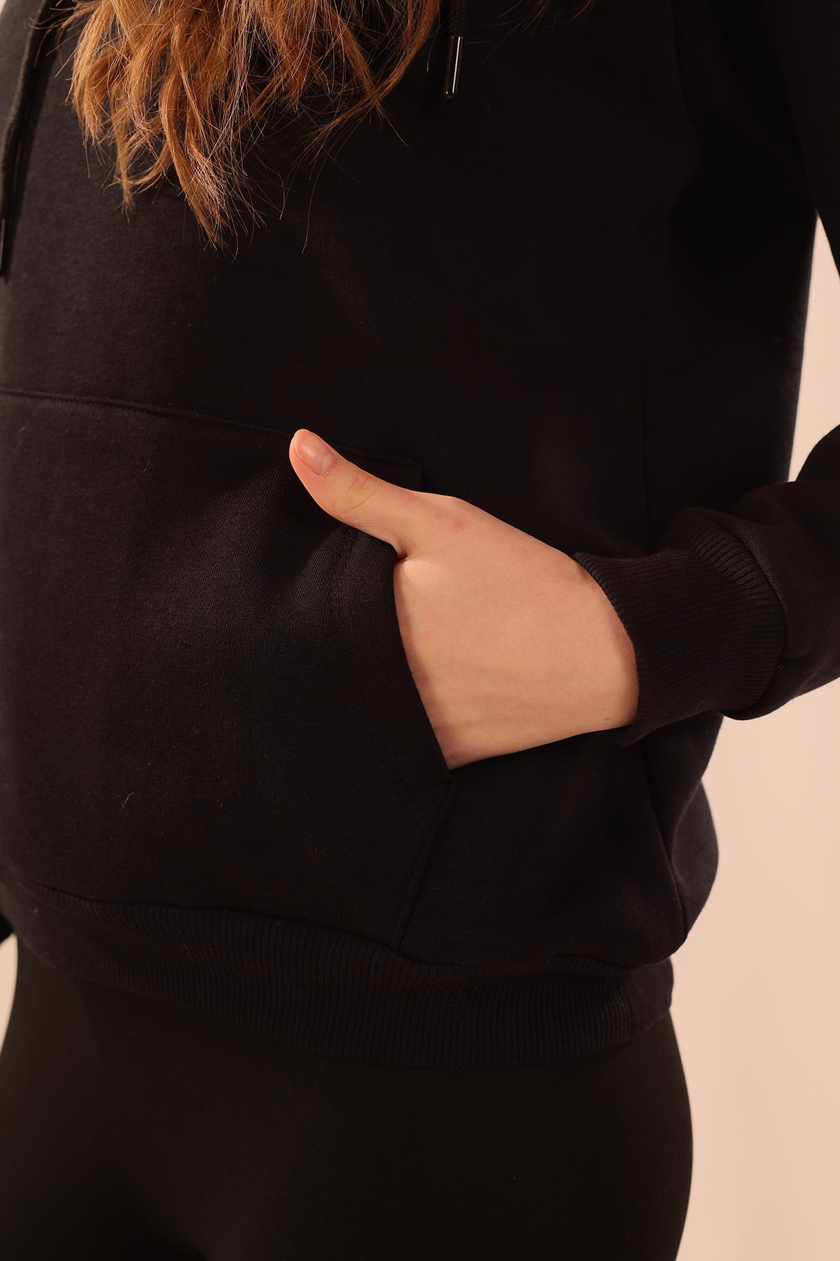 Siyah Kapüşonlu Cep Detay Sweat 9018M - 5