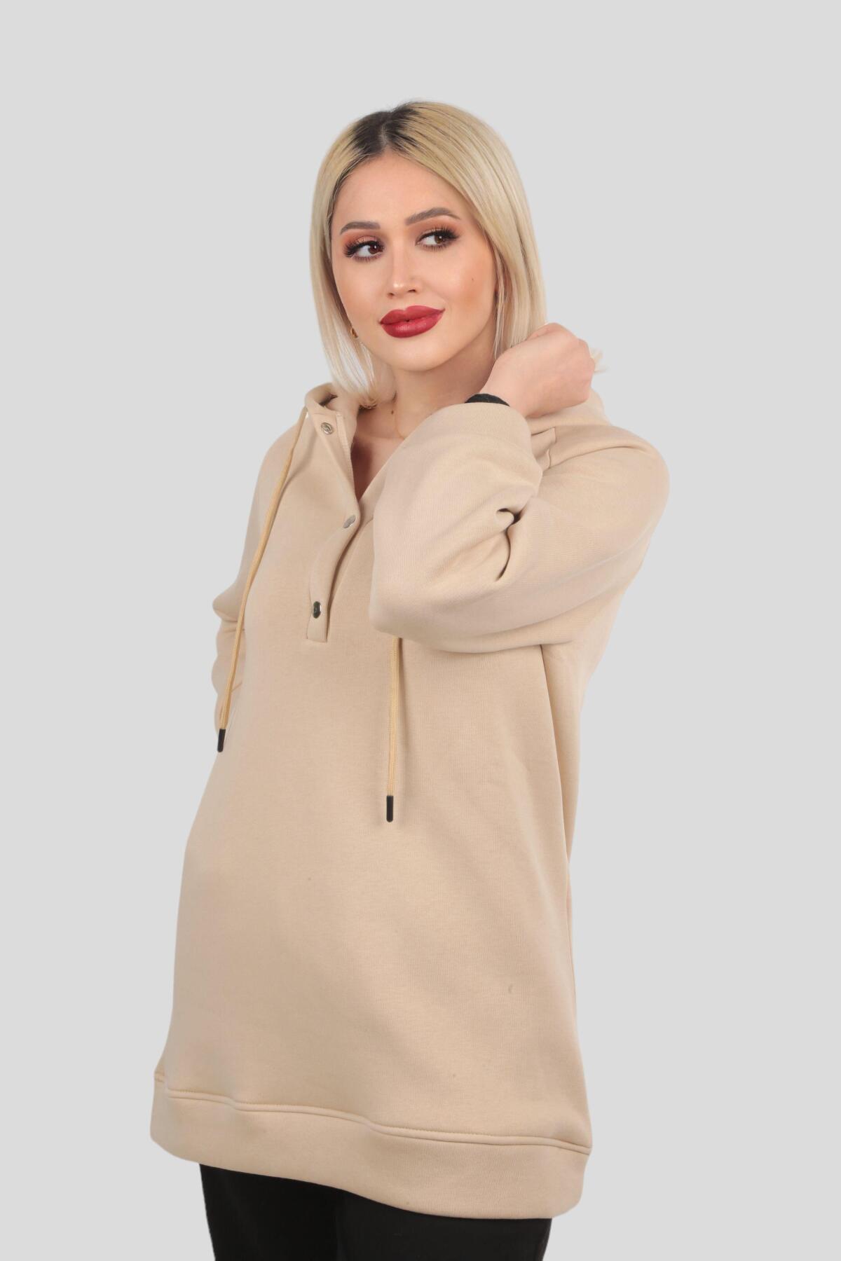 9020M Yaka Çıtçıtlı Kapüşonlu Sweat Bej - 2