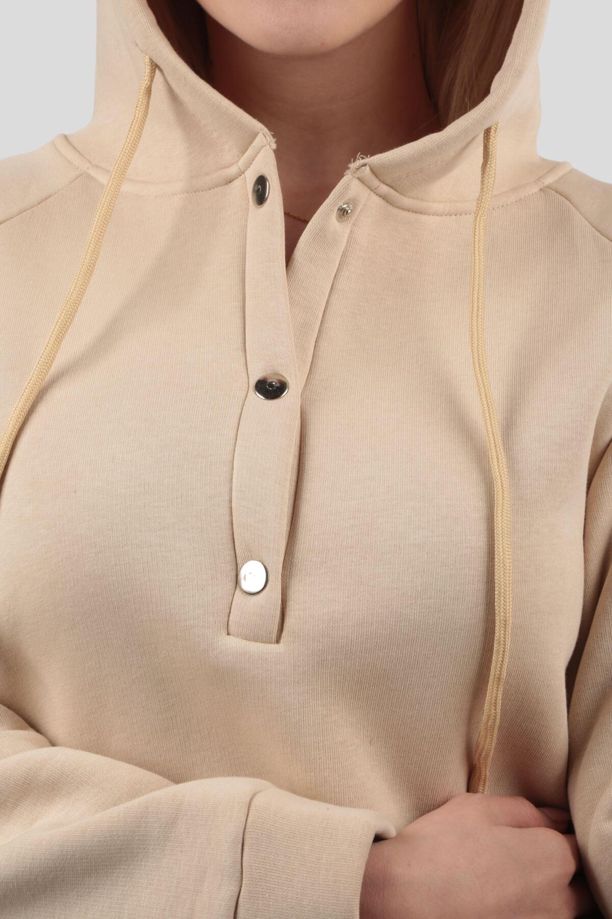9020M Yaka Çıtçıtlı Kapüşonlu Sweat Bej - 5