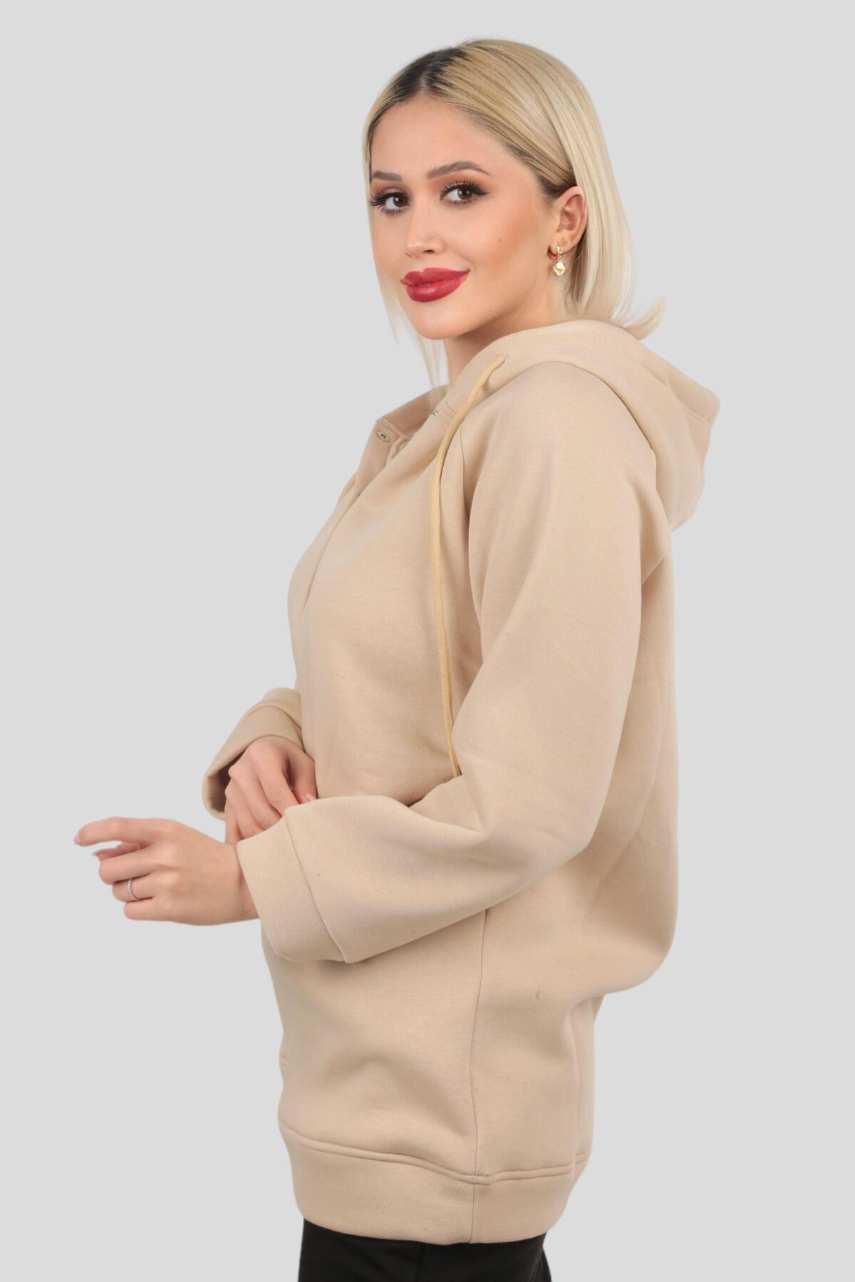 Bej Yaka Çıtçıtlı Kapüşonlu Sweat 9020M - 3