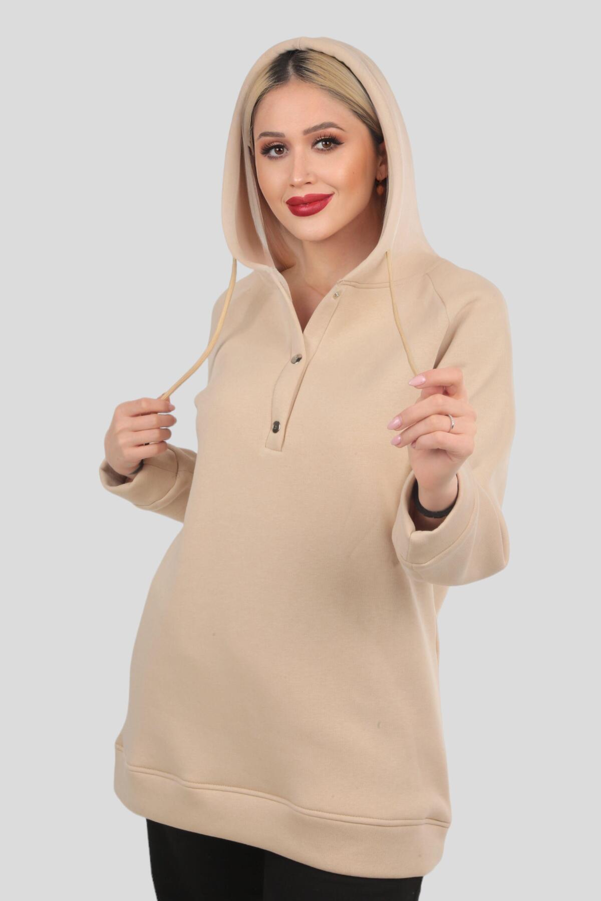 Bej Yaka Çıtçıtlı Kapüşonlu Sweat 9020M - 4