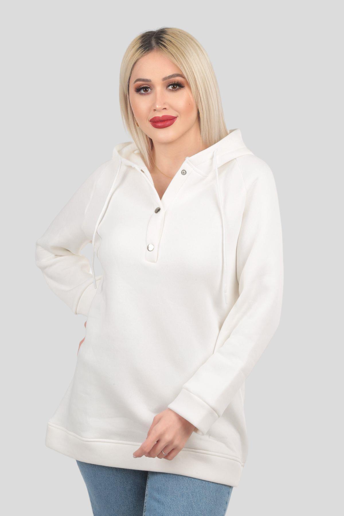 9020M Yaka Çıtçıtlı Kapüşonlu Sweat Ekru - 1