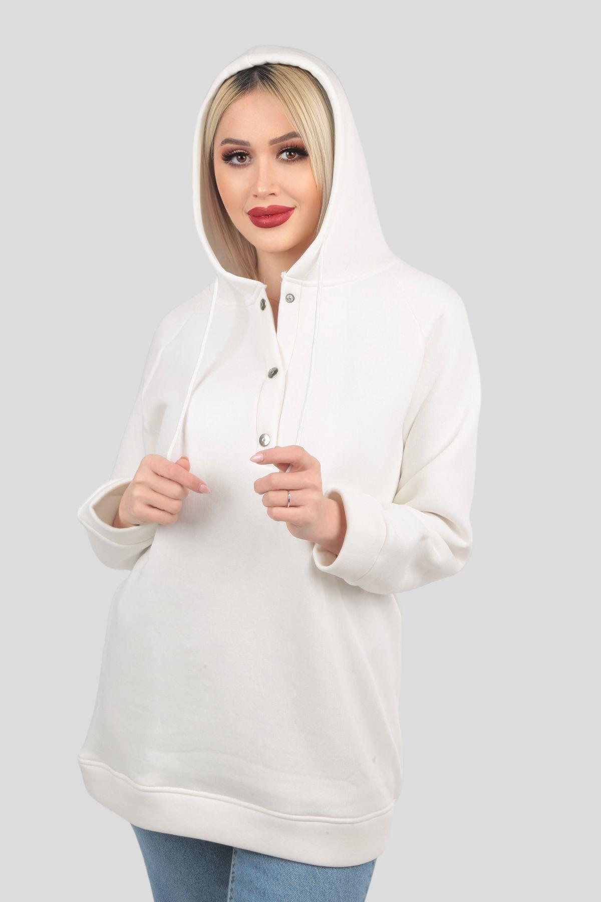 Ekru Yaka Çıtçıtlı Kapüşonlu Sweat 9020M - 2