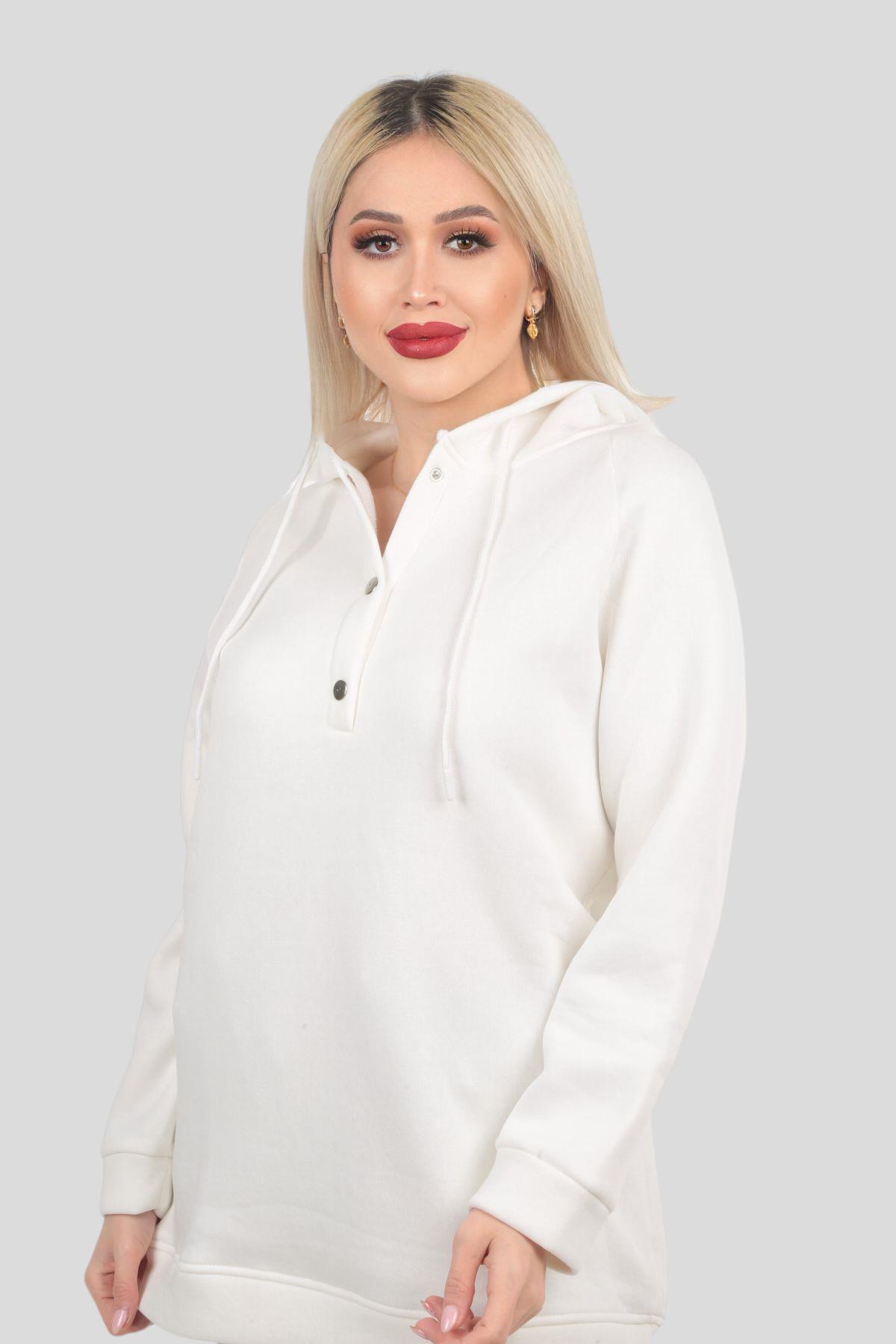 Ekru Yaka Çıtçıtlı Kapüşonlu Sweat 9020M - 3