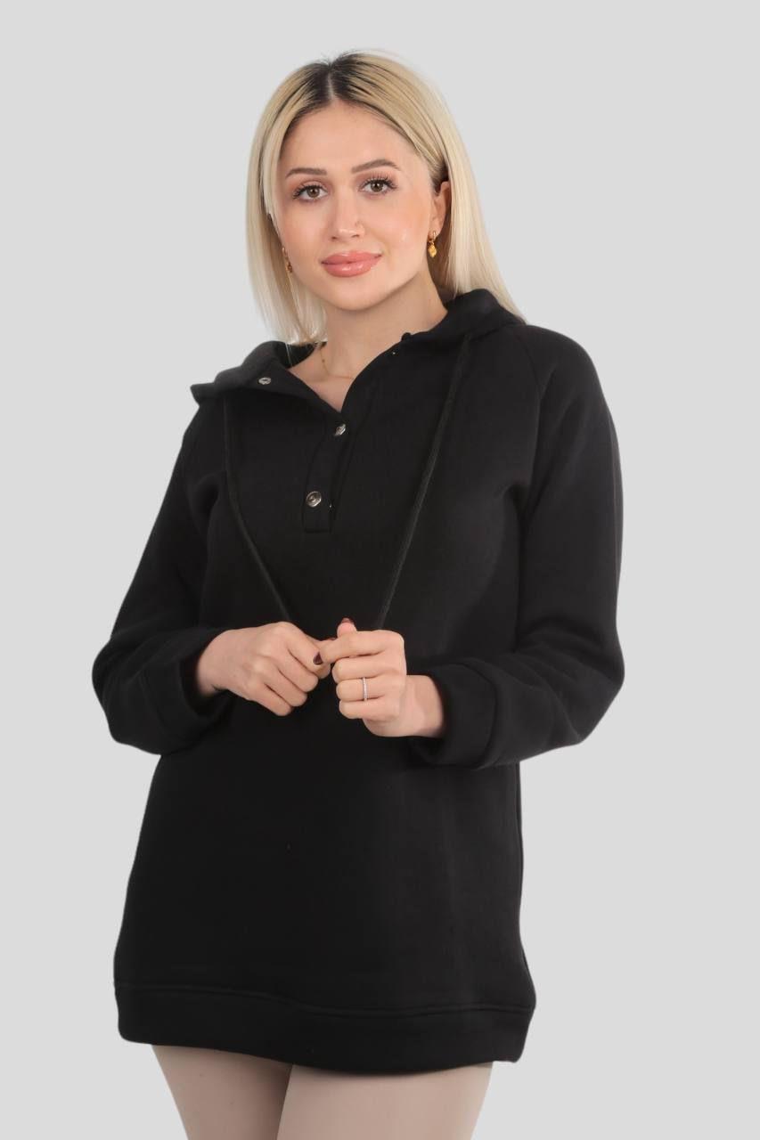 9020M Yaka Çıtçıtlı Kapüşonlu Sweat Siyah - 1