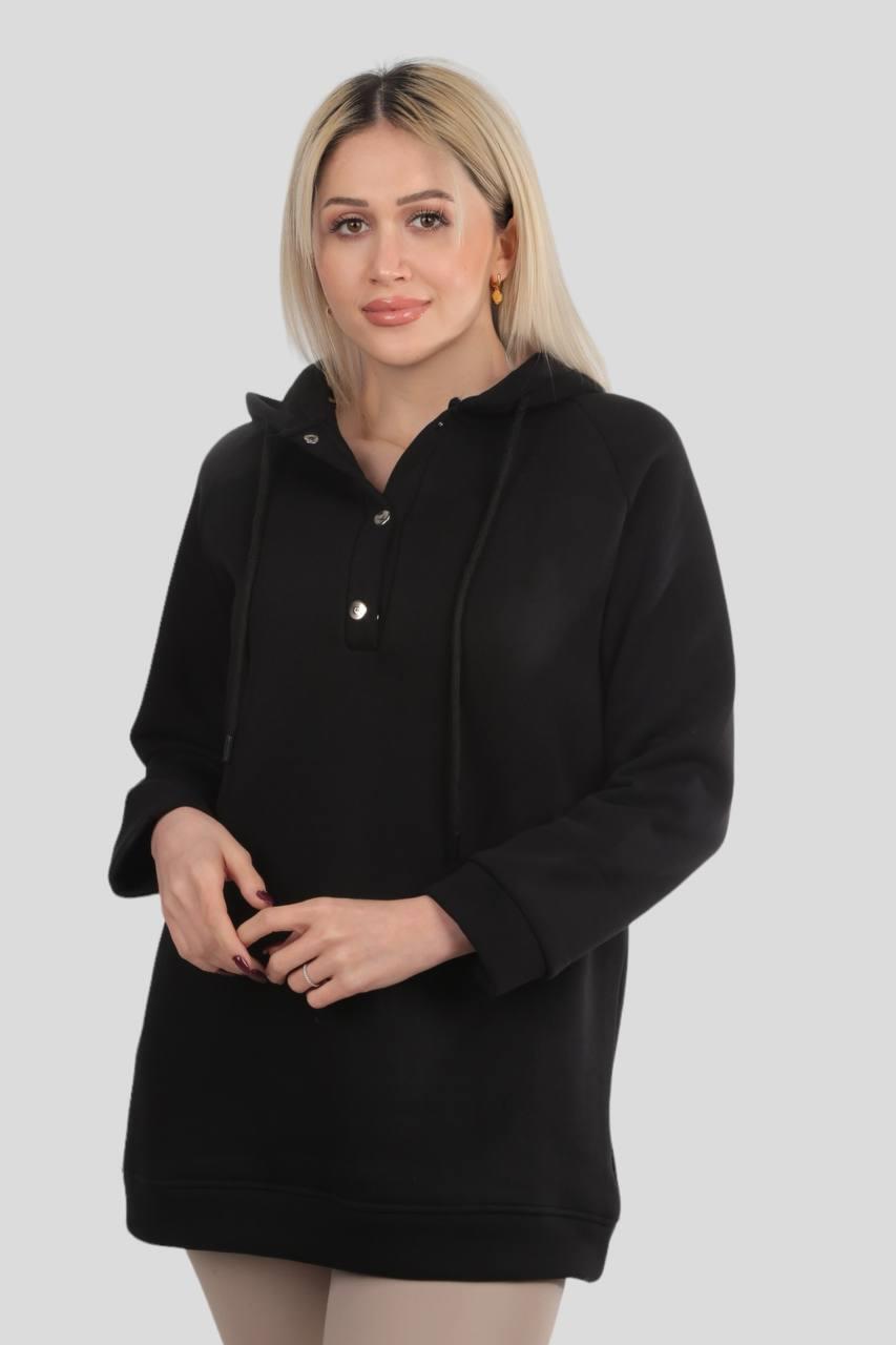 9020M Yaka Çıtçıtlı Kapüşonlu Sweat Siyah - 2