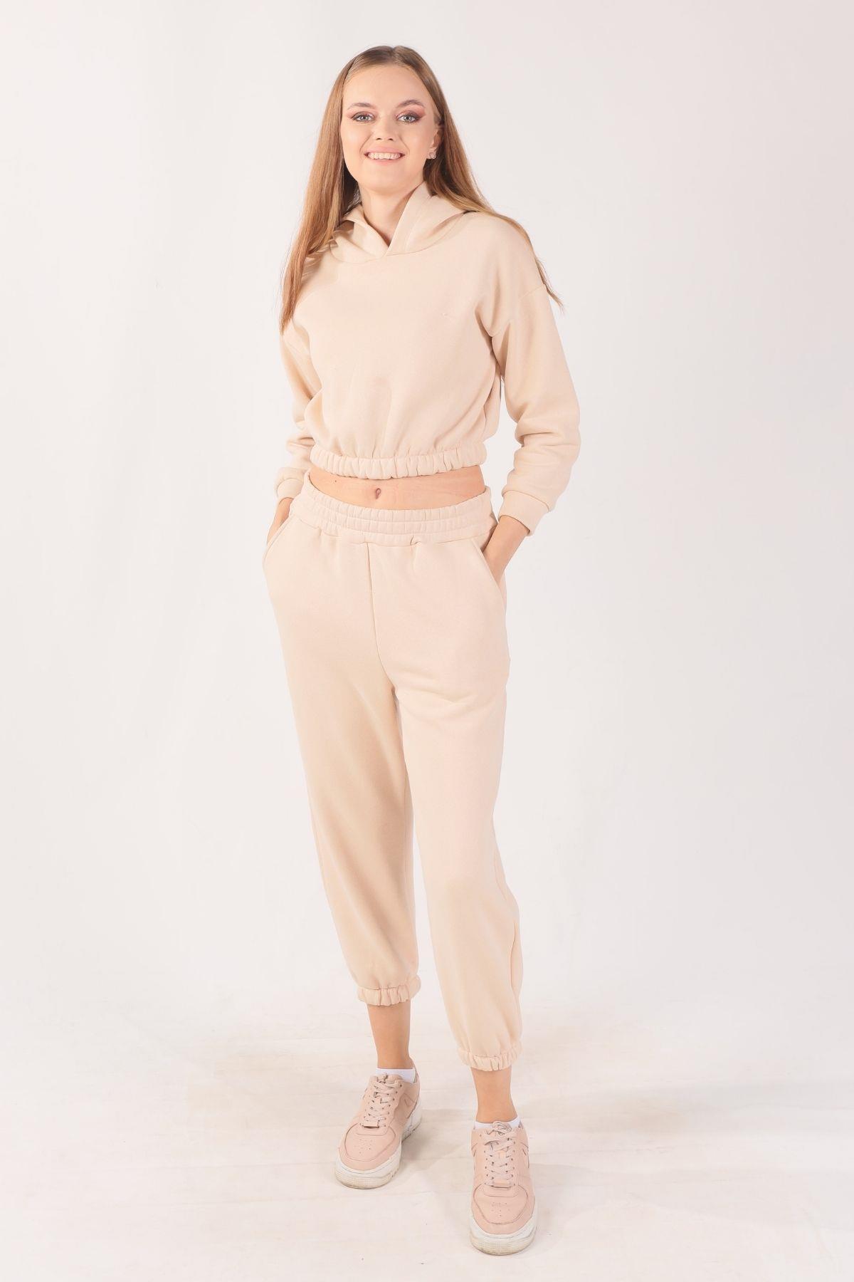 9023M Kapüşonlu Bel Lastik Eşofman Takımı Bej - 2