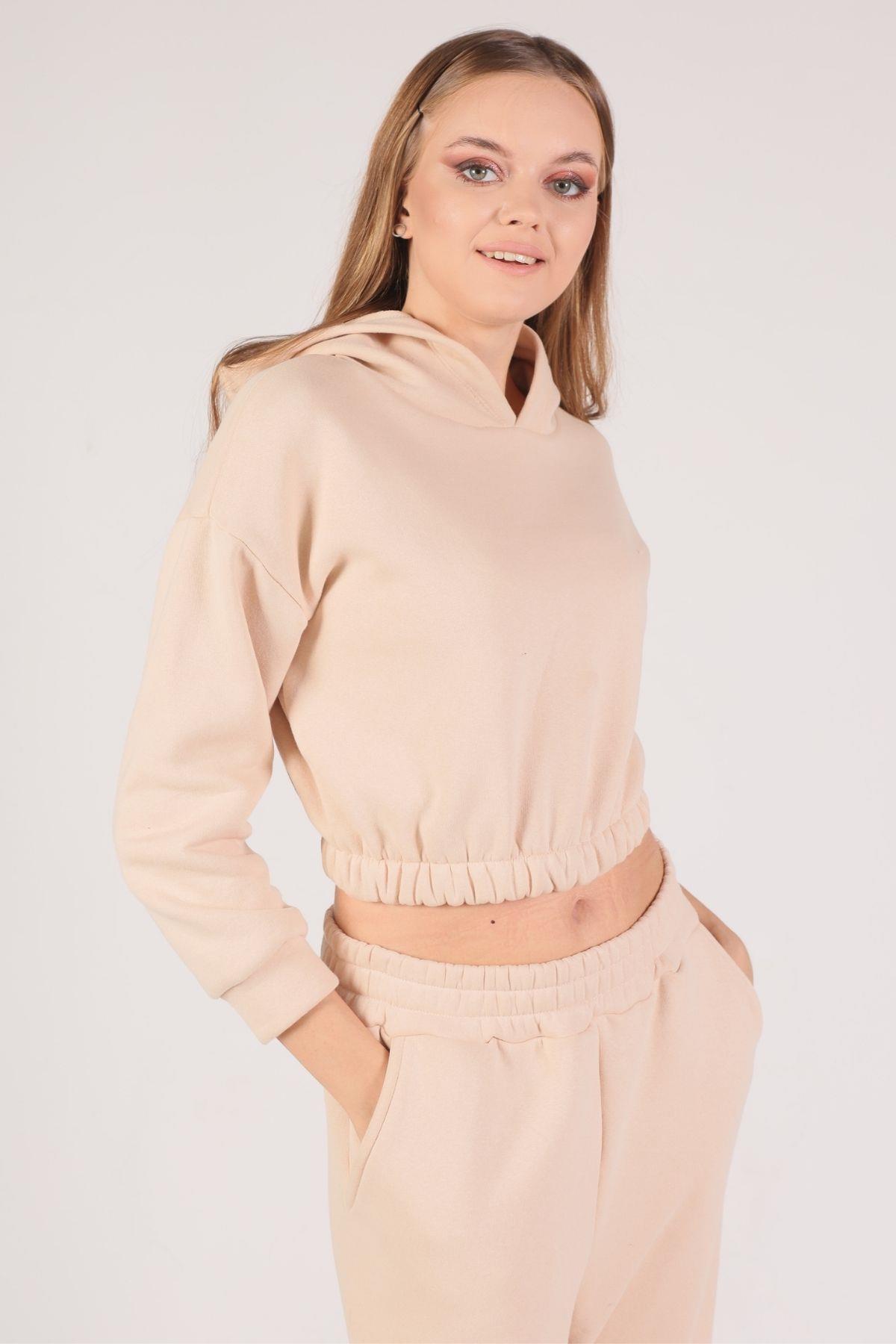 9023M Kapüşonlu Bel Lastik Eşofman Takımı Bej - 3