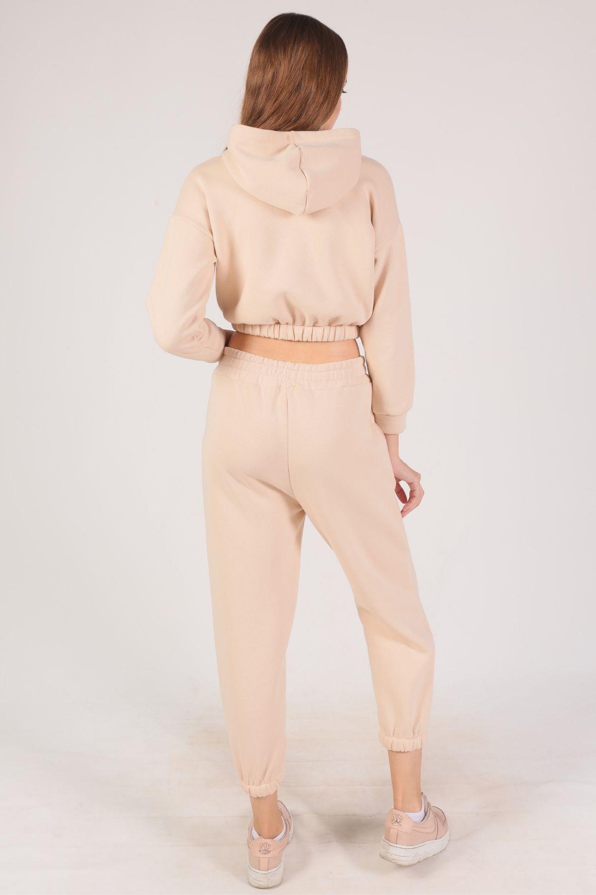 9023M Kapüşonlu Bel Lastik Eşofman Takımı Bej - 4