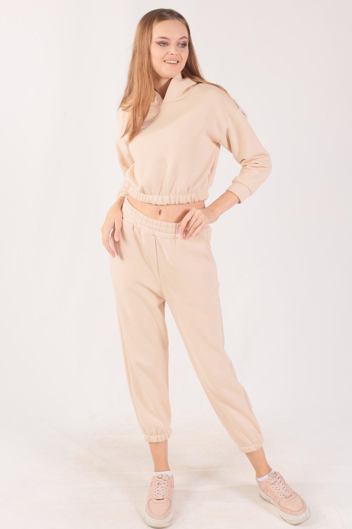 Bej Kapüşonlu Bel Lastik Eşofman Takımı 9023M 
