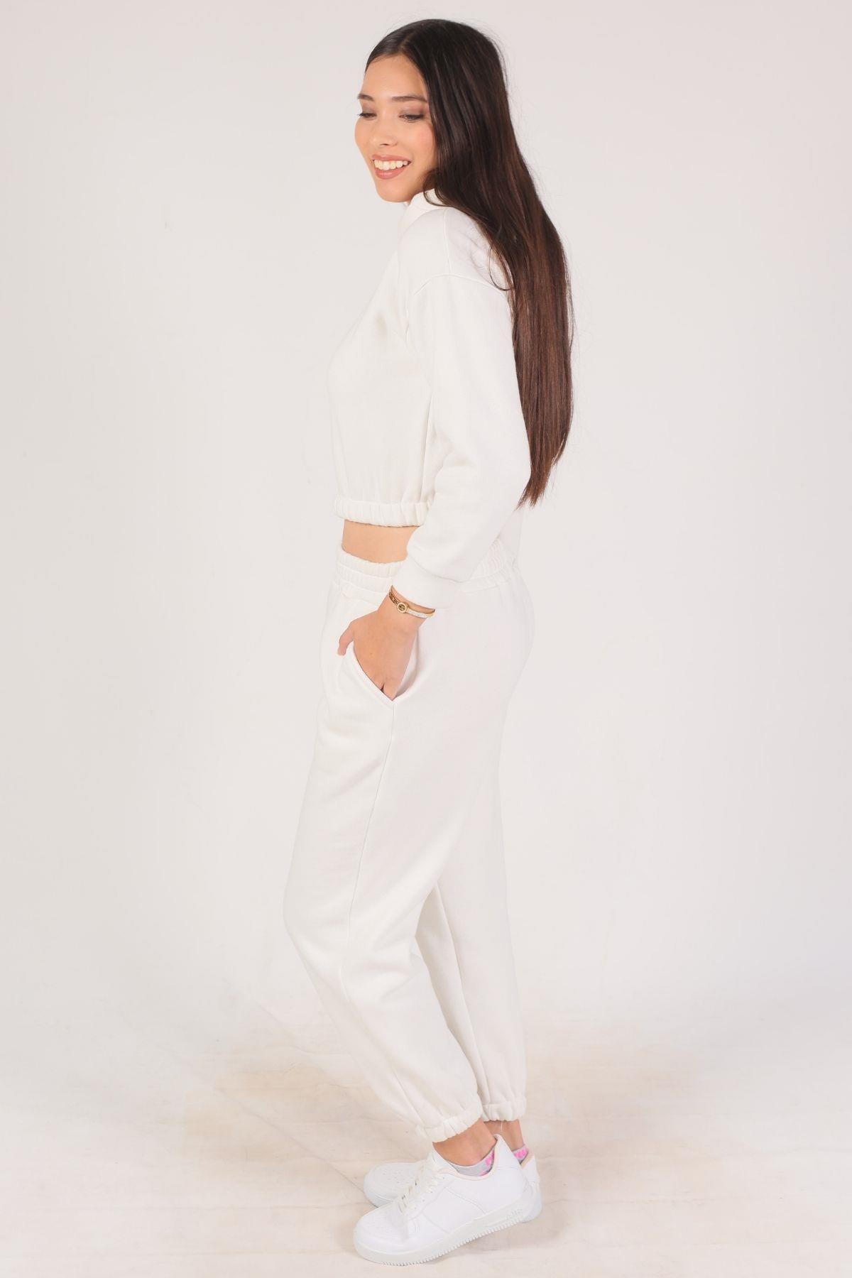 9023M Kapüşonlu Bel Lastik Eşofman Takımı Ekru - 3