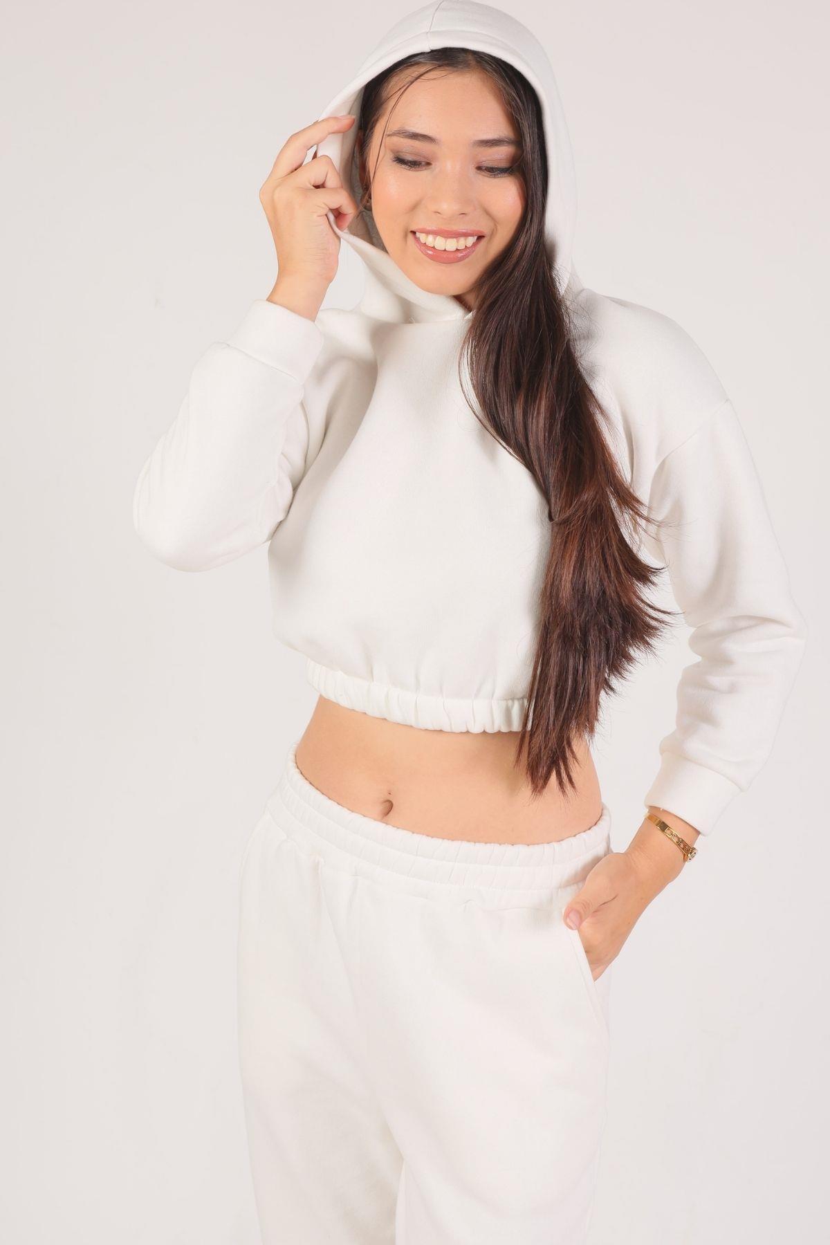 Ekru Kapüşonlu Bel Lastik Eşofman Takımı 9023M 