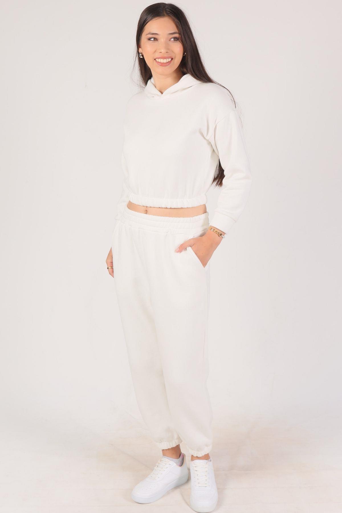 Ekru Kapüşonlu Bel Lastik Eşofman Takımı 9023M - 2