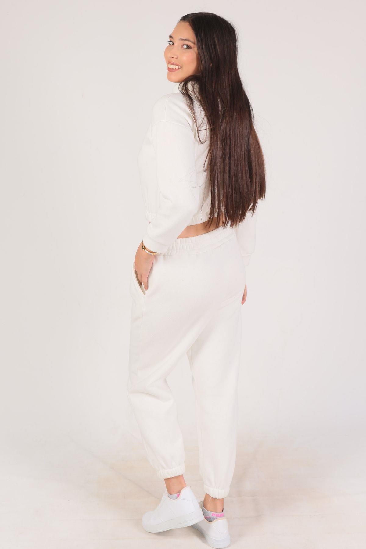 Ekru Kapüşonlu Bel Lastik Eşofman Takımı 9023M - 4