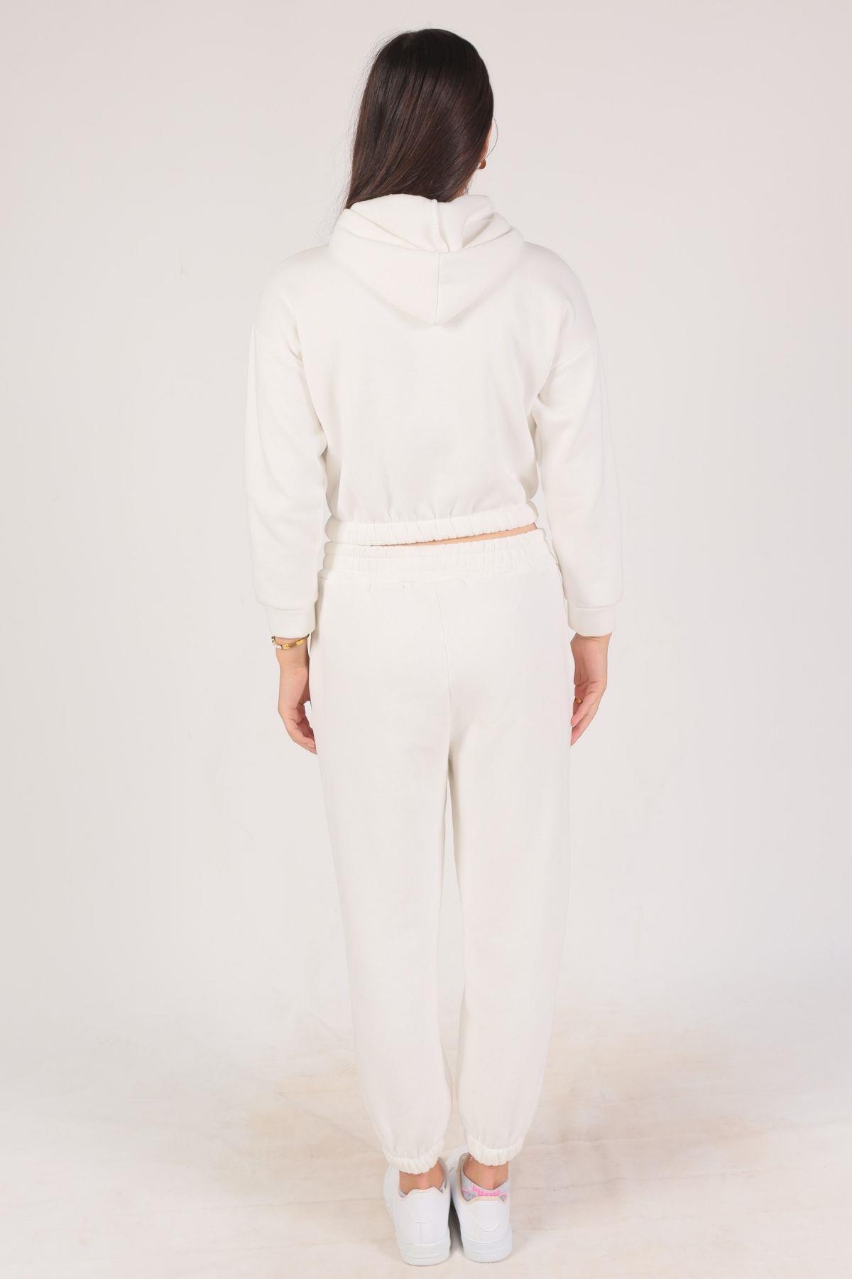 Ekru Kapüşonlu Bel Lastik Eşofman Takımı 9023M - 5