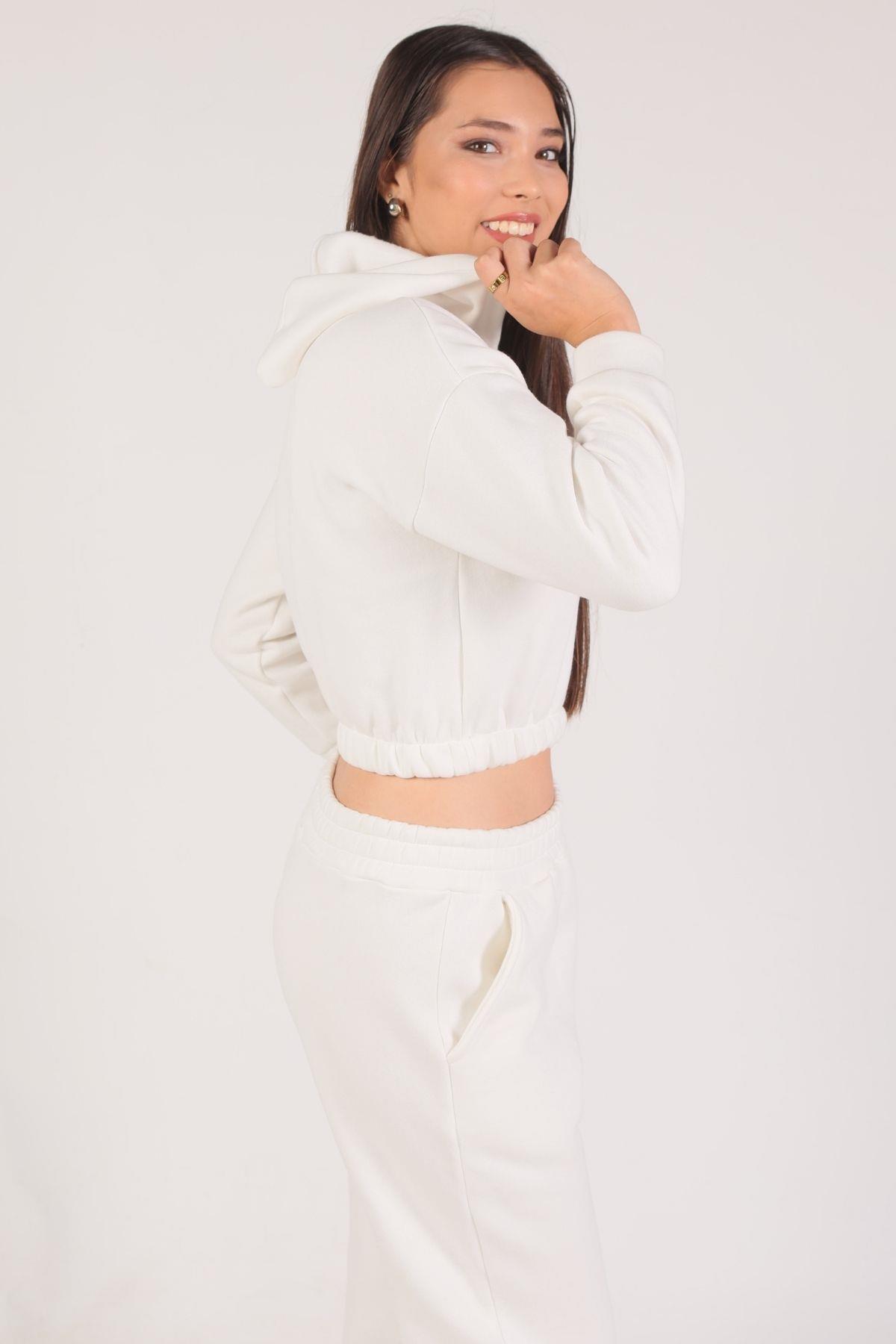 Ekru Kapüşonlu Bel Lastik Eşofman Takımı 9023M - 6