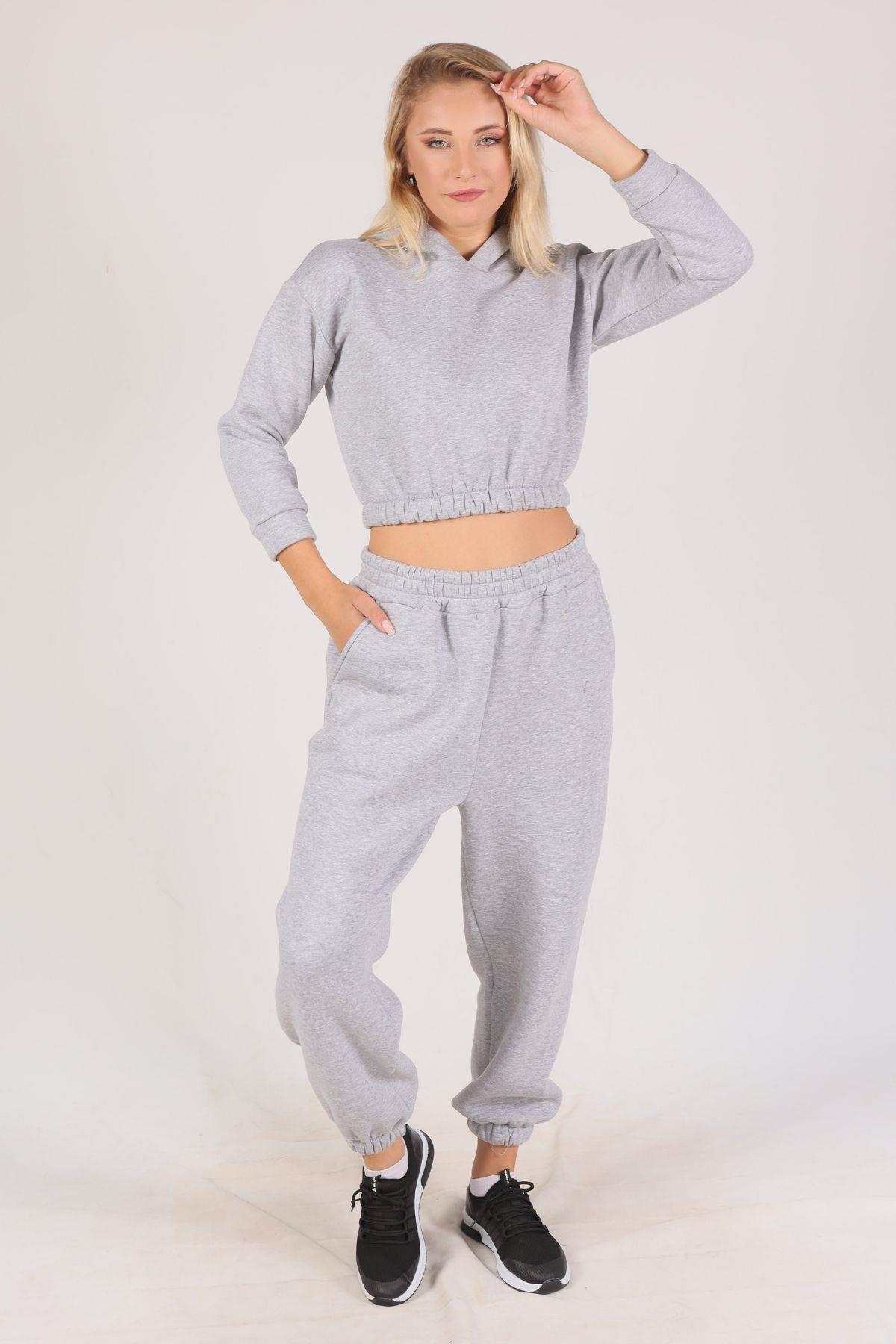 Gri Kapüşonlu Bel Lastik Eşofman Takımı 9023M - 2
