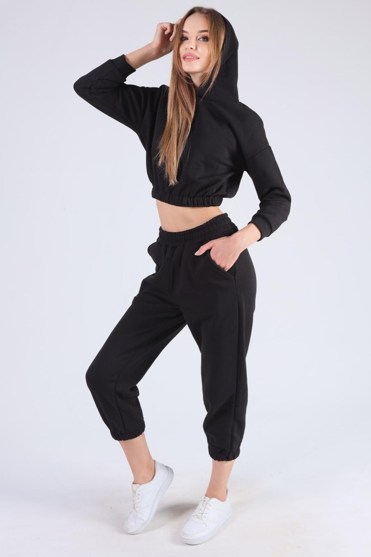 Siyah Kapüşonlu Bel Lastik Eşofman Takımı 9023M - RAYS (1)