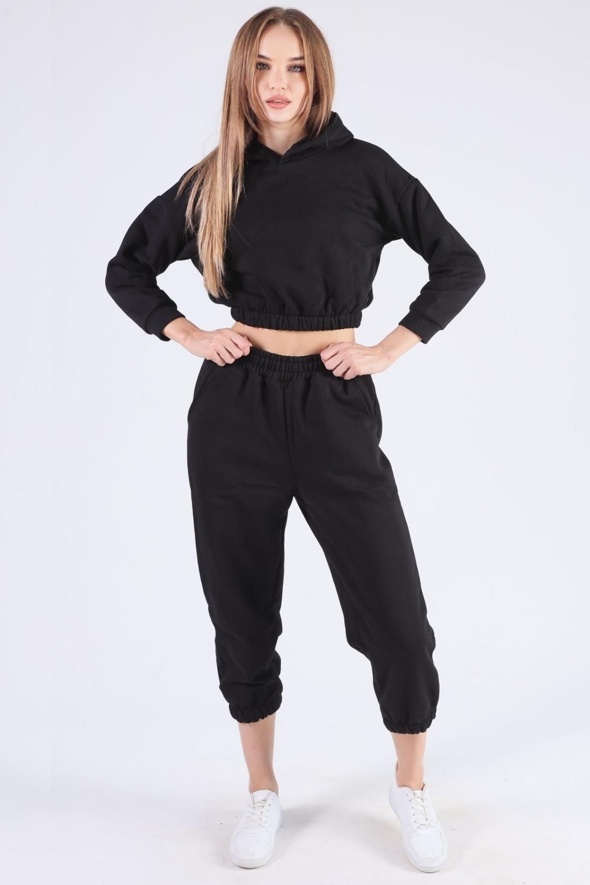 Siyah Kapüşonlu Bel Lastik Eşofman Takımı 9023M - 3