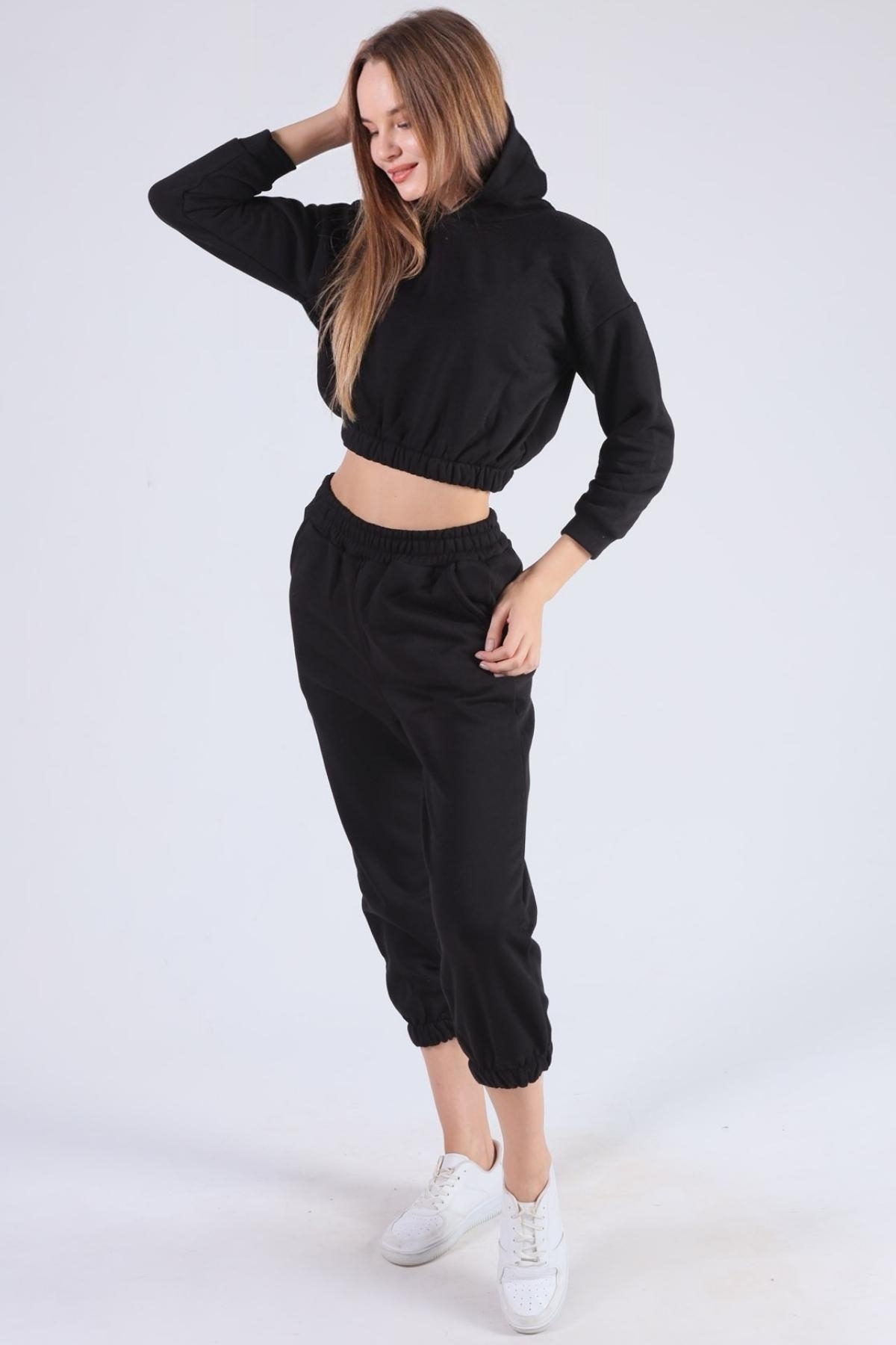 Siyah Kapüşonlu Bel Lastik Eşofman Takımı 9023M - RAYS