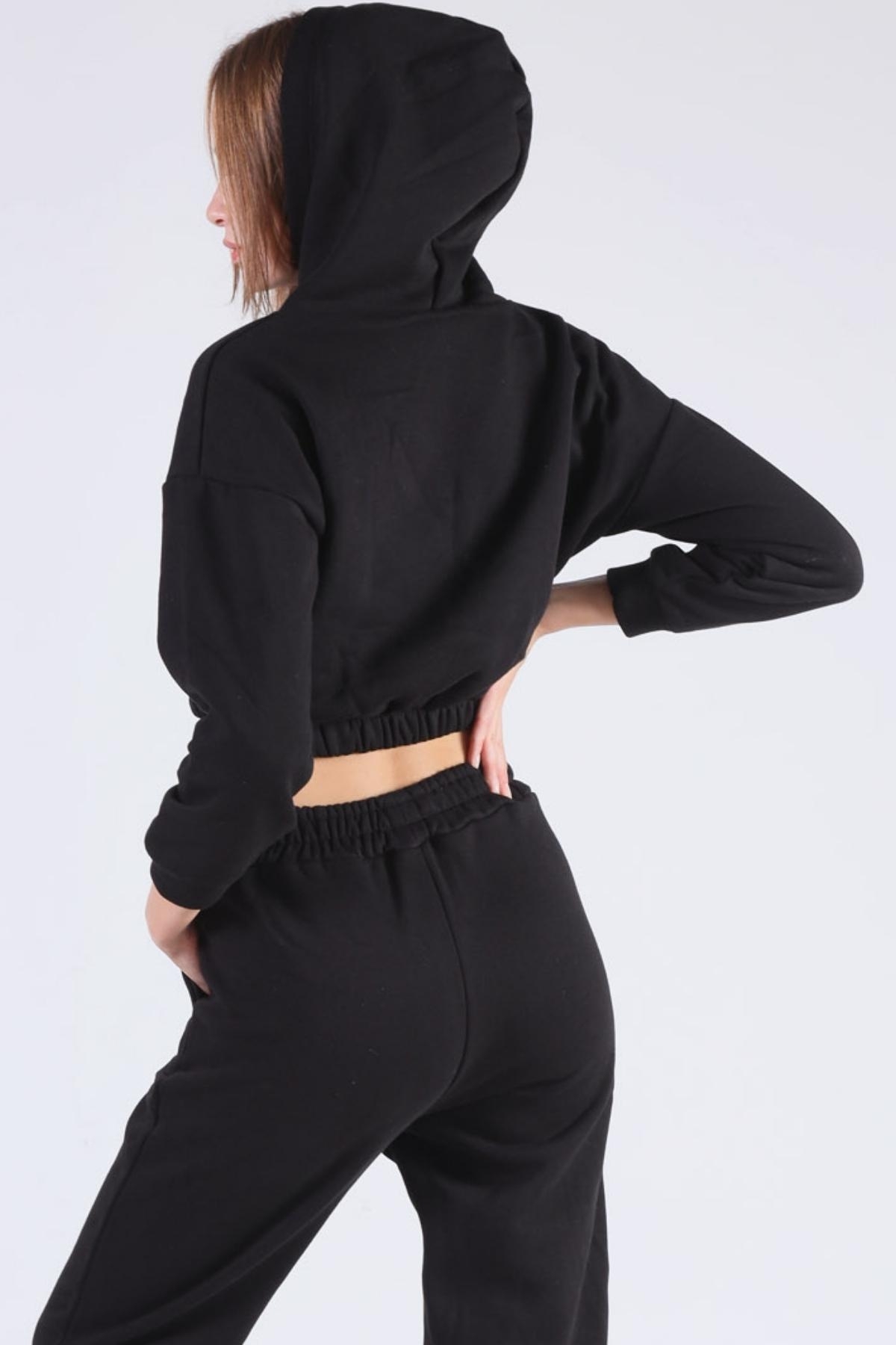 Siyah Kapüşonlu Bel Lastik Eşofman Takımı 9023M - 5