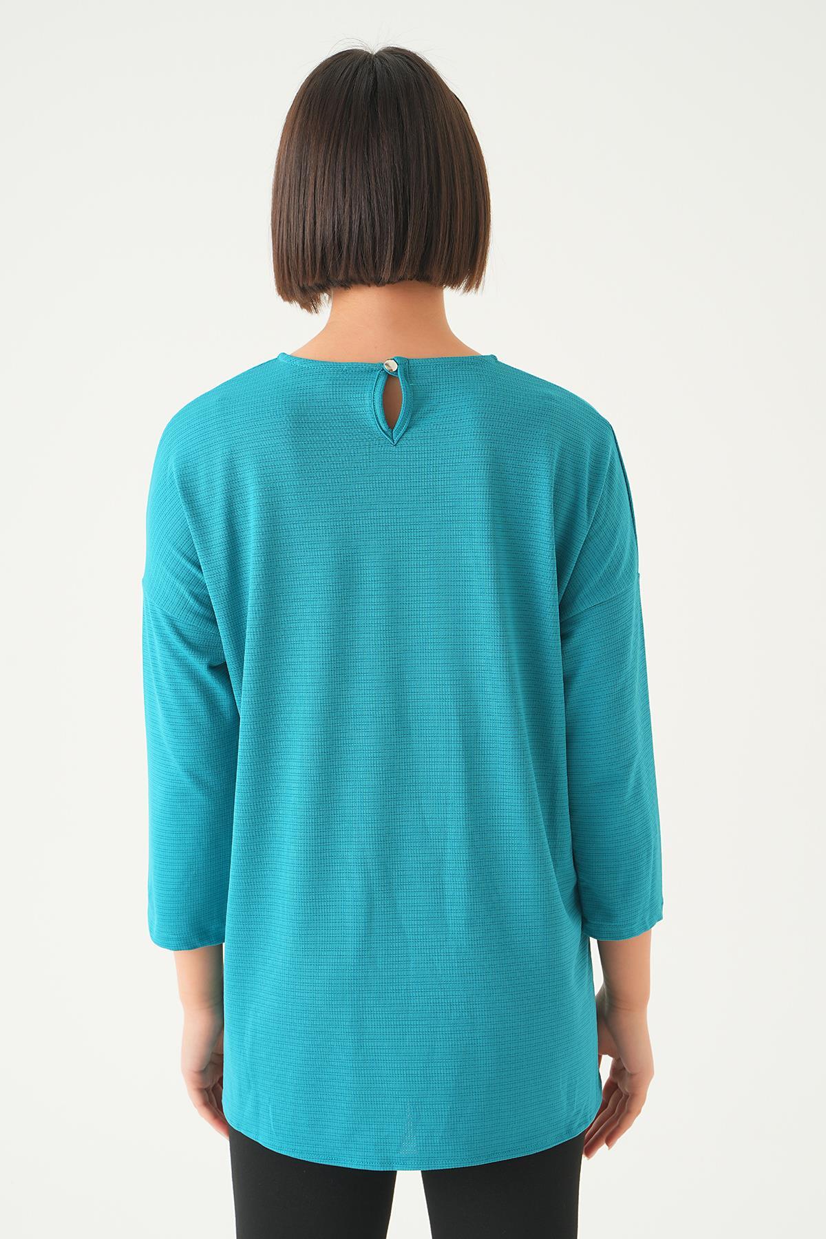 Petrol Arkası Düğmeli Bluz 9027M - 5