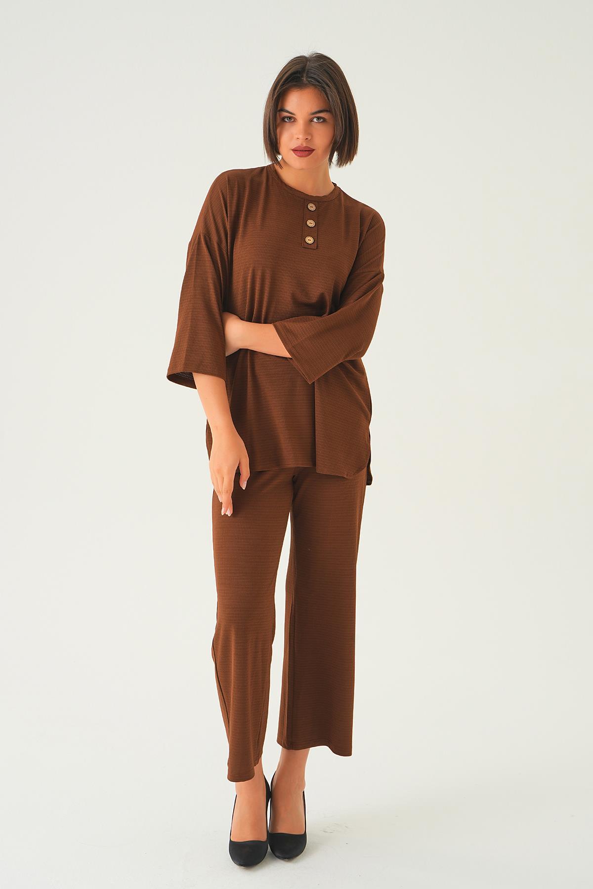 Kahve Bisiklet Yaka Pantolon Takım 9028M 
