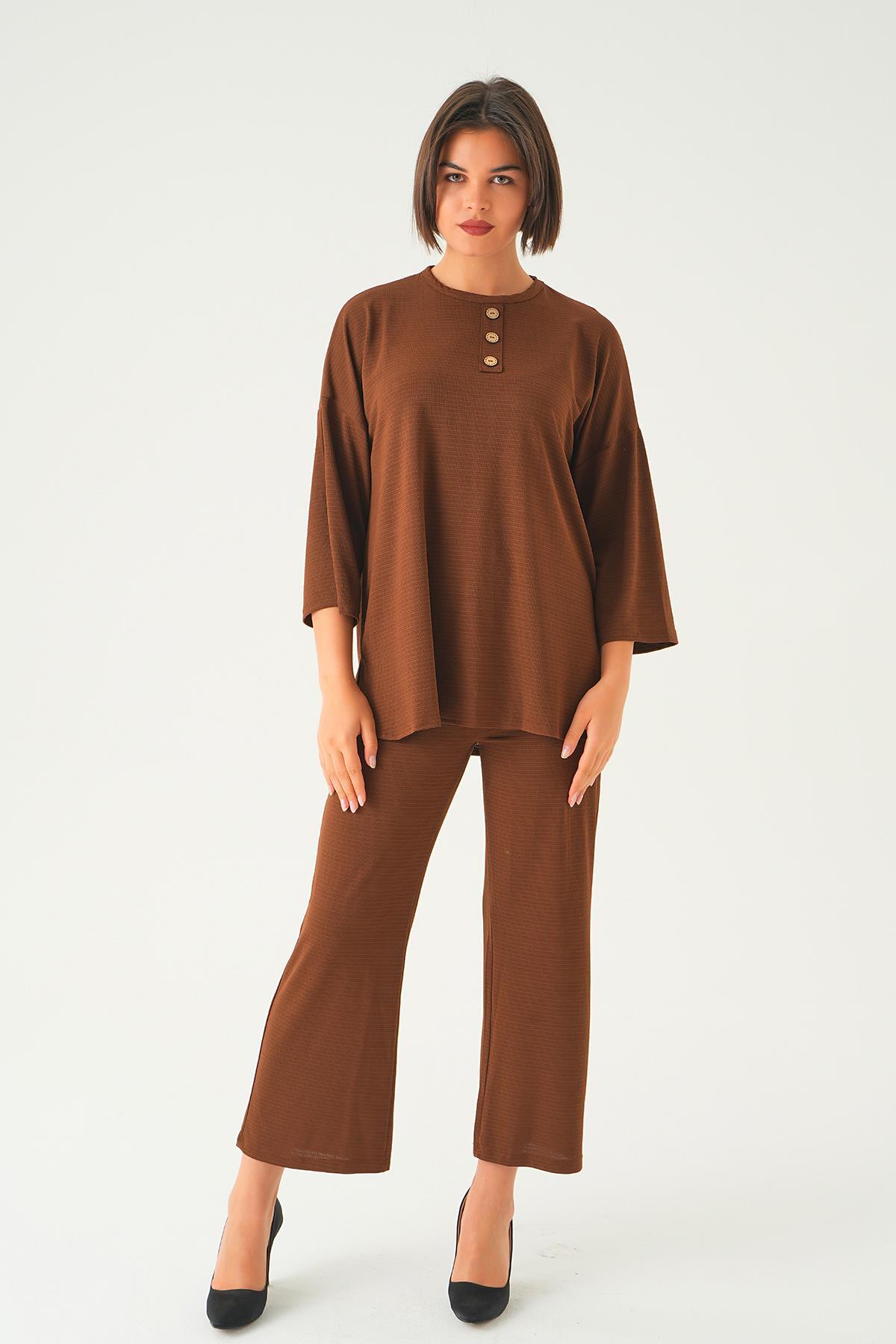 Kahve Bisiklet Yaka Pantolon Takım 9028M - 6