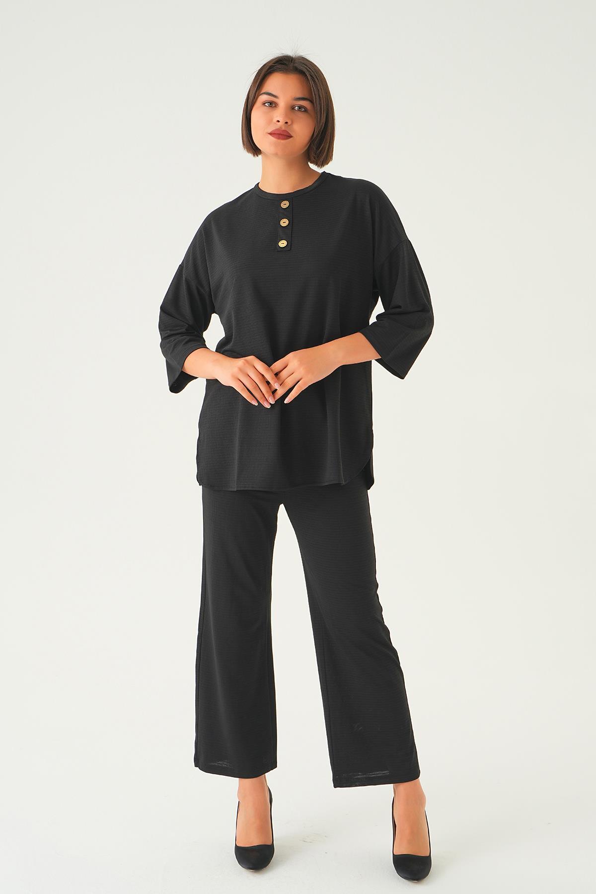 9028M Bisiklet Yaka Pantolon Takım Siyah - 1