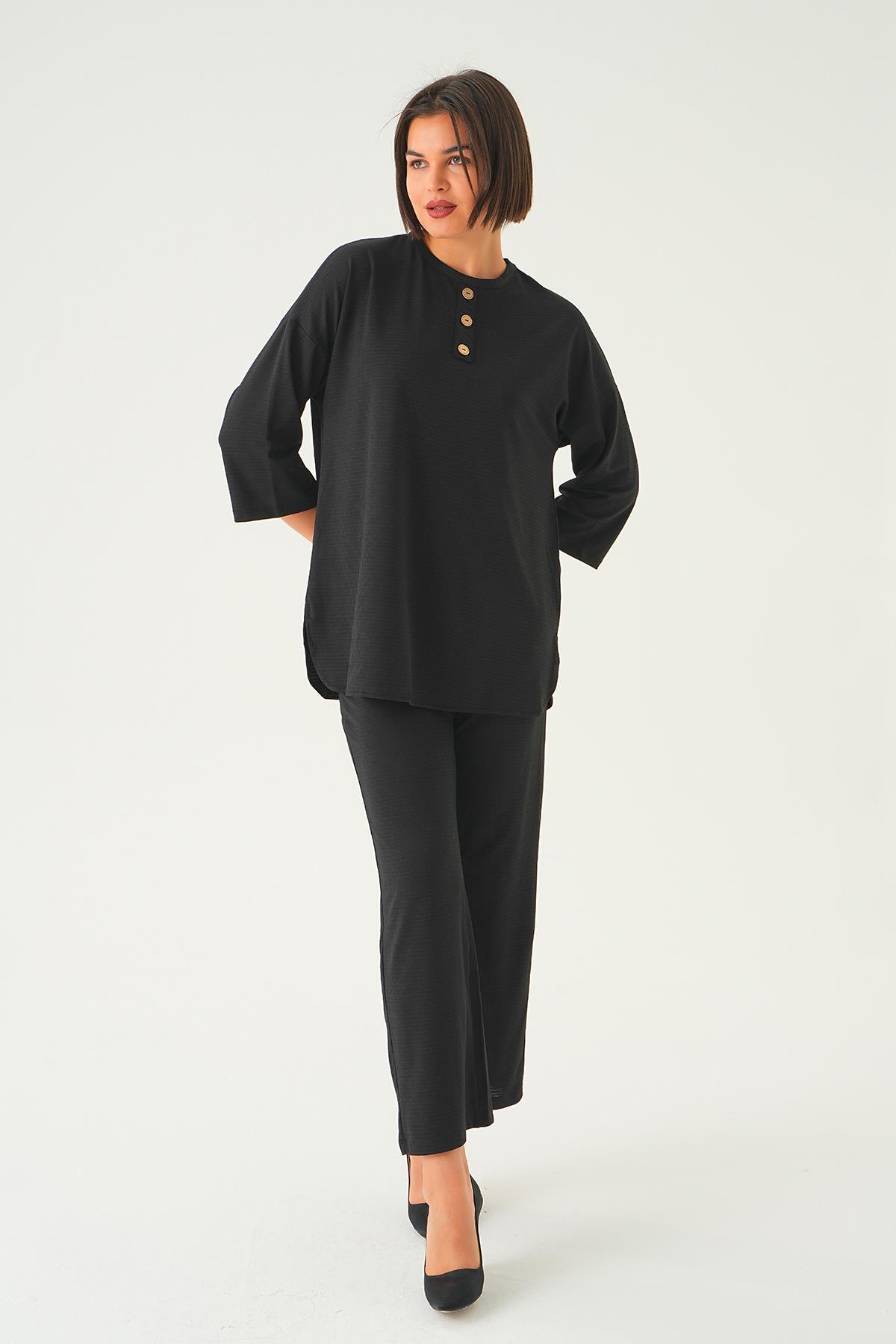 9028M Bisiklet Yaka Pantolon Takım Siyah - 2