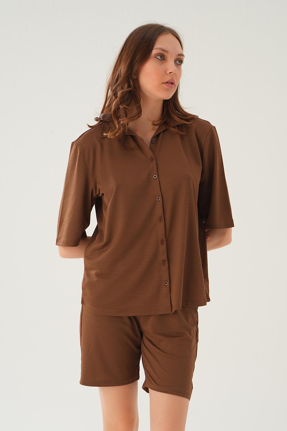 Kahve Gömlek Şort Takım 9031M - 3