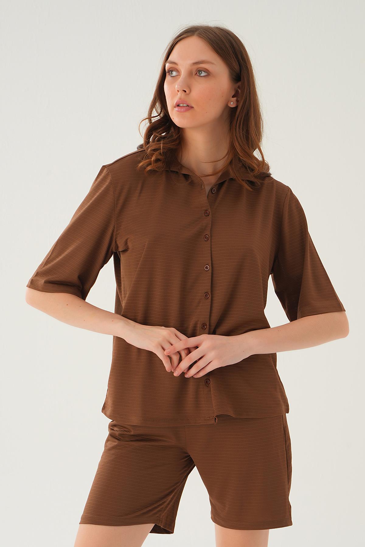 Kahve Gömlek Şort Takım 9031M - 4