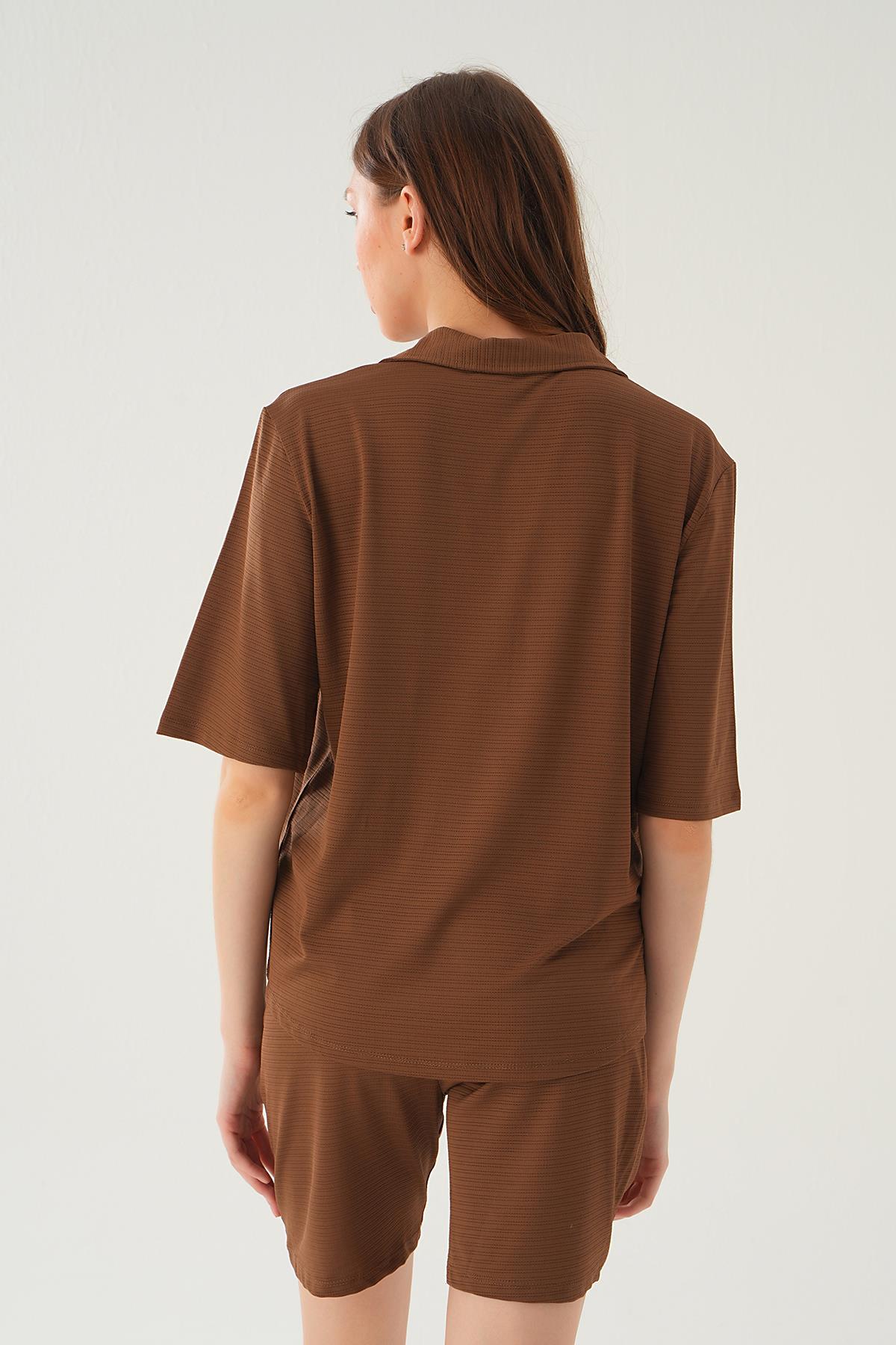 Kahve Gömlek Şort Takım 9031M - 5
