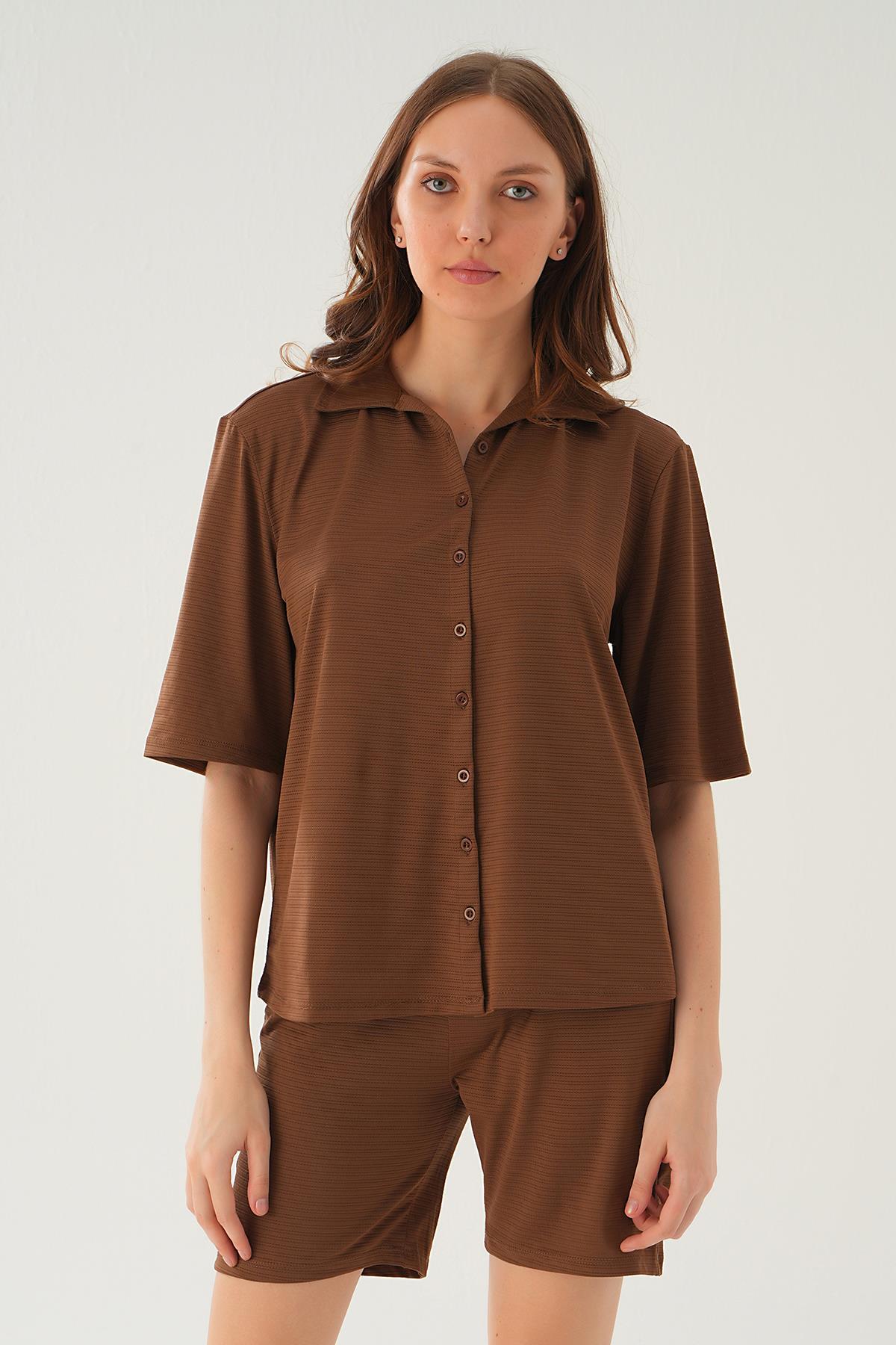 9031M Gömlek Şort Takım Kahve 